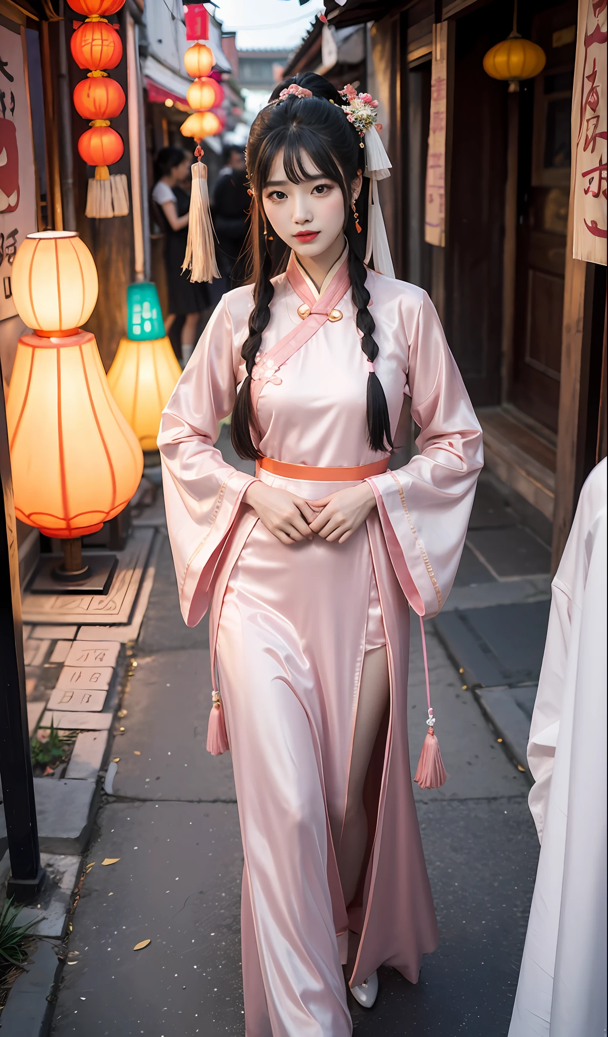 hyper realisitc，Realistis，plumw，Bigchest，slenderlegs，China-style，Hanfu，Pink tulle clothes，Orange tulle clothes，Ancient Chinese street markets，Dignified，ellegance，Noble，Song Dynasty，the Tang Dynasty，adolable，stare into the distance