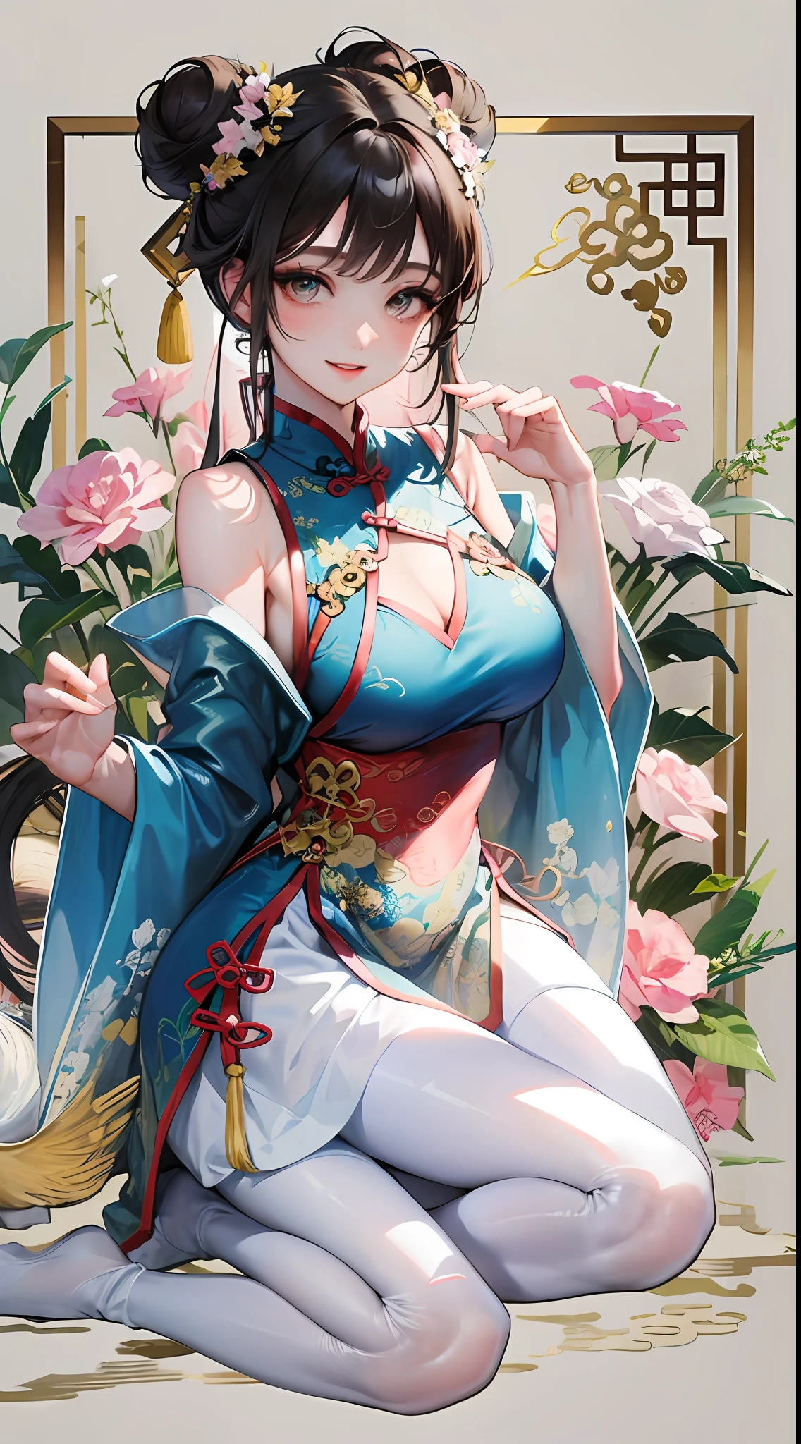 Masterpiece, best, 1 female, blue clothes, blue cheongsam, full body photo, ancient Chinese style, white cloth bun bun, black hair, shoulders, big breasts, slender legs, smile, white pantyhose, pantyhose lace side, white underwear, pale pink lips, embroidered dress