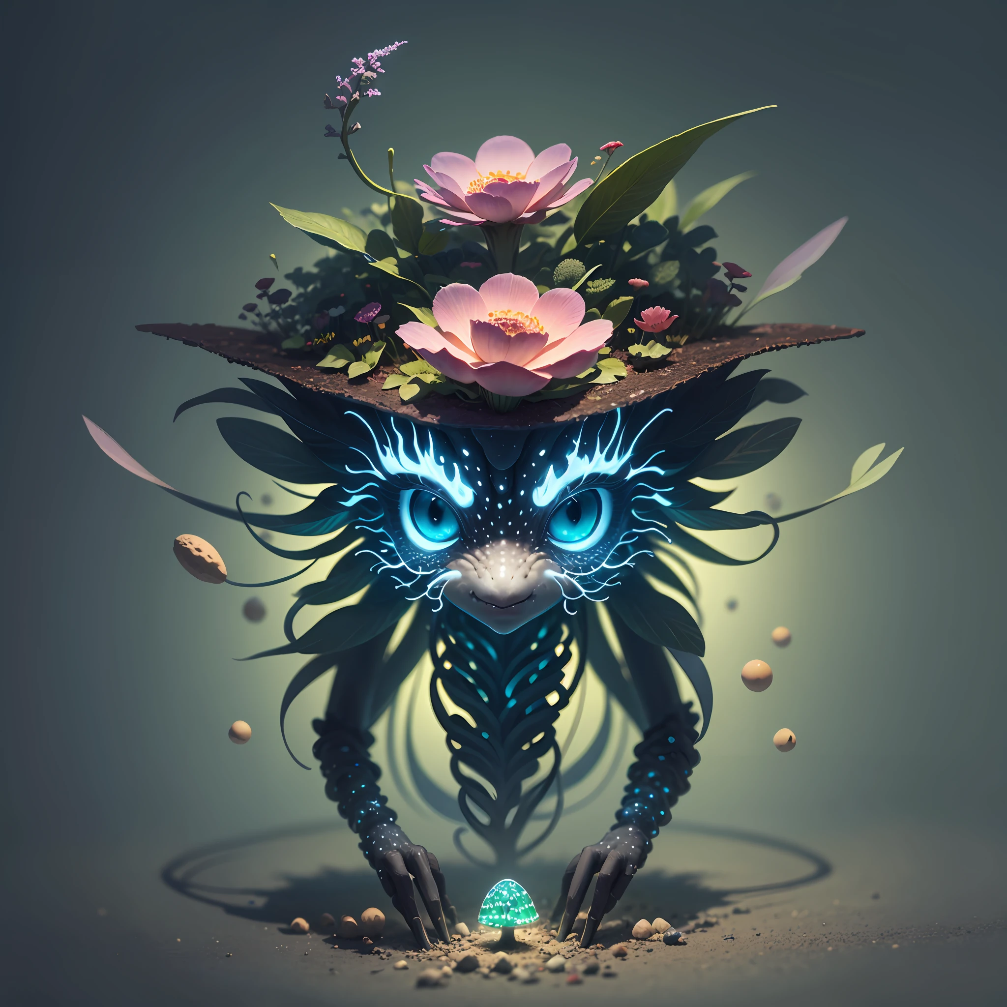 Generate images of creatures with humanoid body structures, But mainly composed of fungal elements. Its head resembles a big head, Dome-shaped crystal spring flower mushroom cap, fanciful, Colorful, Decorated with a luminous speckled pattern. Its arms are long, Flexible tendrils sprout from the shoulders, Able to be as vertical as a human hand. And not legs, It has a single, Thick, The stems are rooted in the ground. Its face is a small cluster, Bioluminescent spheres embedded in the bottom of the lid, Arranged in a way reminiscent of human facial features. photo-realism, ultra - detailed, 4K, A high resolution
