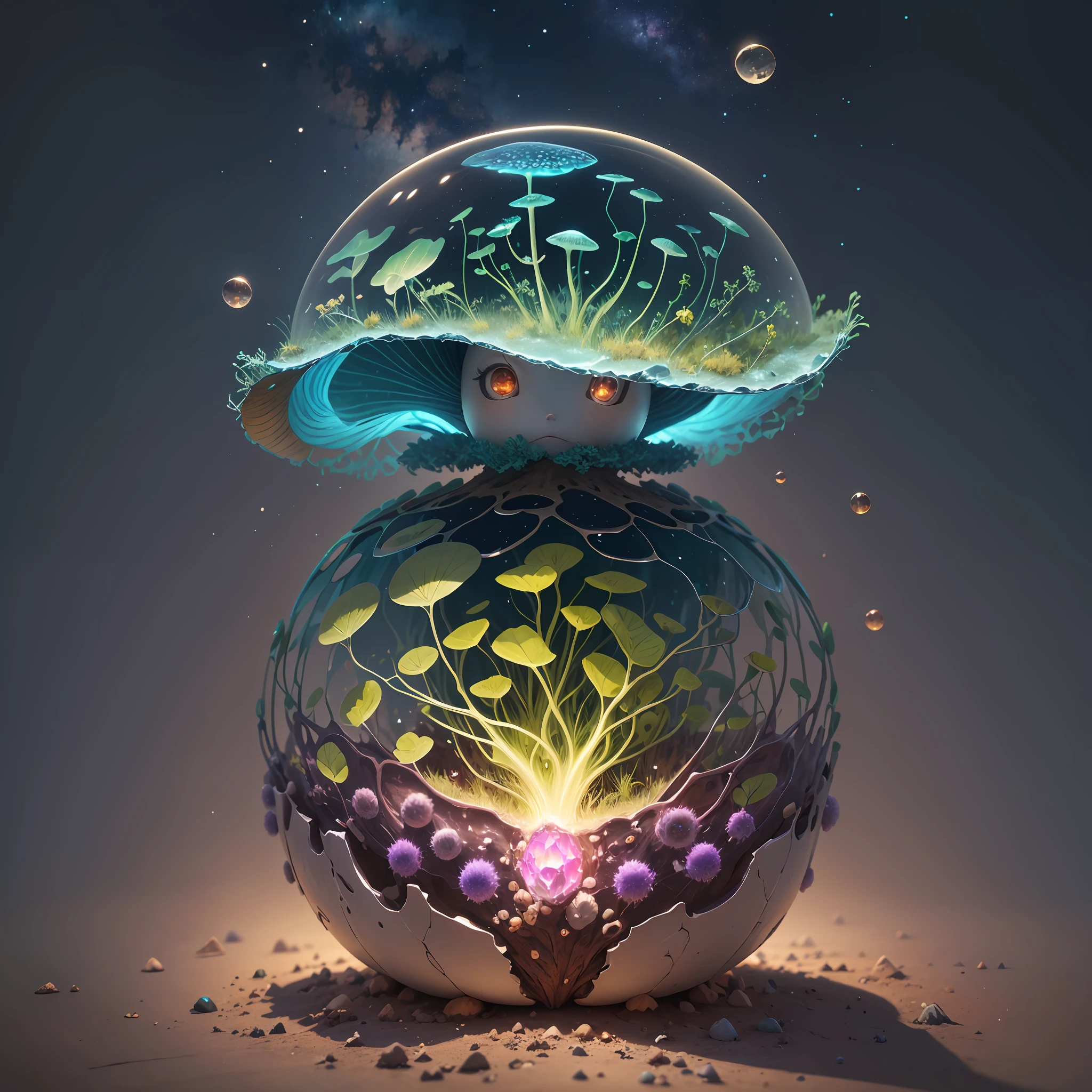 Generate images of creatures with humanoid body structures, But mainly composed of fungal elements. Its head resembles a big head, Dome-shaped crystal spring flower mushroom cap, fanciful, Colorful, Decorated with a luminous speckled pattern. Its arms are long, Flexible tendrils sprout from the shoulders, Able to be as vertical as a human hand. And not legs, It has a single, Thick, The stems are rooted in the ground. Its face is a small cluster, Bioluminescent spheres embedded in the bottom of the lid, Arranged in a way reminiscent of human facial features. photo-realism, ultra - detailed, 4K, A high resolution