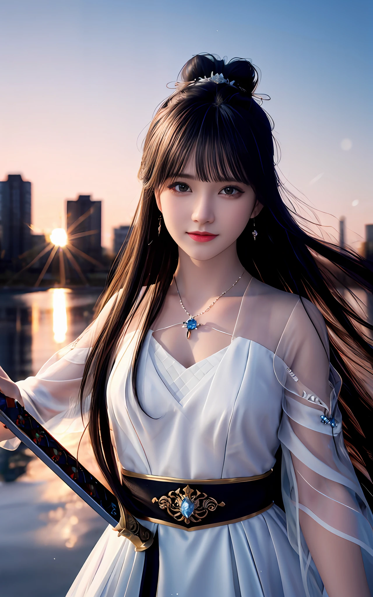 (realisticity: 1.2), best quality, masterpiece, highres, cg,
1girl, weapon, sword, long hair, dress, water, solo, jewelry, white dress, earrings, hair ornament, splashing, upper body super realistis, hair bun, black hair, city bacgraun realistis,
lighting,candid, Photograph, high resolution, 4k, 8k, Bokeh,