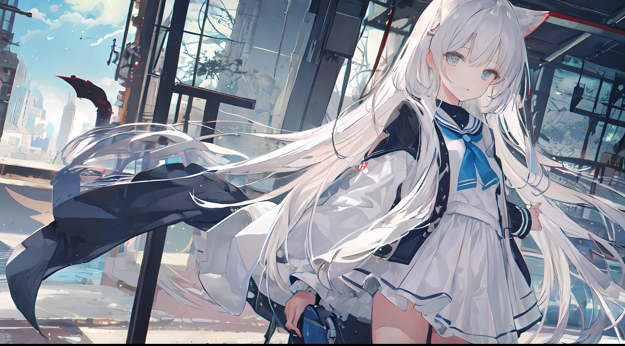 ssmile,Half cover your face,Ark of tomorrow style,finely quality eyes,good eyes looking,Heterochromic pupils,solo person,Ark of Tomorrow,one-girl,Black off-the-shoulder sweater, backless outfit,Starry sky,clusters of stars,Ray tracing,{Best quality}, {{Masterpiece}}, {A high resolution}, Original, Extremely detailed 8k wallpaper, {An extremely delicate and beautiful},,incredibly_absurderes,Colorful,intricately details,art book,,incredibly_absurderes,Ray tracing,Perspective,Wide shot,Overall view,,A high resolution,Game CG,short_Hair,cat_hor ears,White_Hair/White_Eyes,Detail fingers,Hands in hair,pigeon-toed,Pout,Blush,Eyes visible through hair,off-shoulder sweater,White_wind coat,Superskirt,White pantyhose,White cat ears,(((long white hair))),White tail,reaching out her hands,W cut sitting position,(((a black trench coat))),(((White sailor collar))),White pupils,Black hairpin,Post-industrial buildings,4K,Master picture quality,Texture,Ark of tomorrow style,On the ground lay the West Sword,eventide,Blood-red sunlight,Black backpack,((((Short black skirt)))),black sneaker shoes,full bodyesbian,long and flowing hair,Smiling,Squint,The ultimate in facial depiction,The ultimate body depiction,The ultimate hair depiction ,There are lanterns on the ground,is shy,in a panoramic view,The ultimate scenario description,Pout,Beautiful_face,Beautiful detailed eyes,One eye is white,One eye closed ,Earphone,Beautiful detailed sky,reflective light,Ray tracing,Sunlight,(Maid dress),Sailor dress,Sleeves,beautiful detailed water,Beautiful detailed sky,god light,depth of fields,Normal body,Normal posture,Front view,Absolutely good light and shadow,Detailed sky,baiyun,the sunset,(((城市,starlights,rios,darkly))).{Best quality}, {{Masterpiece}}, {A high resolution}, Original, Extremely detailed 8k wallpaper, {An extremely delicate and beautiful},,Ray ,{Best quality}, {{Masterpiece}}, {A high resolution}, Original, Extremely detailed 8k wallpaper, {An extremely delicate and beautiful},,i