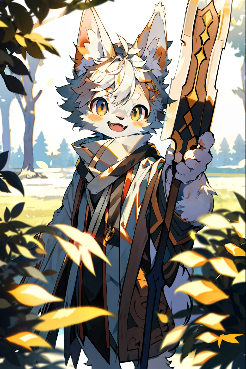 depth of fields，lighting perfect，light particules，（best qualtiy），（tmasterpiece），（ultra - detailed），Sharp focus，light particules，niji，eyesgod，gold_eyes，looking_at_viewer，smile，solo，furry，animal_ear_fluff，open_clothes，in a sunbeam，outside，Look ahead，White hair，Brown skin，Barefoot，Huskies，Dogs