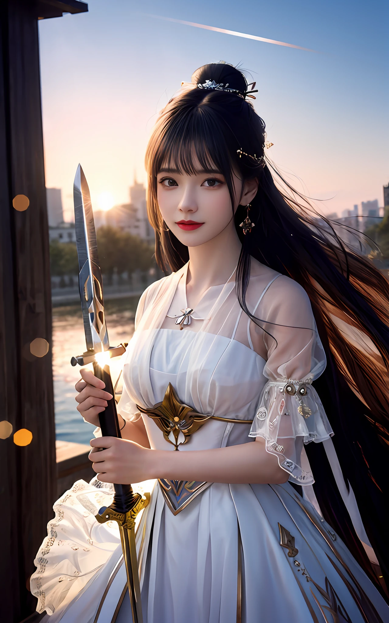(realisticity: 1.2), best quality, masterpiece, highres, cg,
1girl, weapon, sword, long hair, dress, water, solo, jewelry, white dress, earrings, hair ornament, splashing, upper body super realistis, hair bun, black hair, city bacgraun realistis,
lighting,candid, Photograph, high resolution, 4k, 8k, Bokeh,