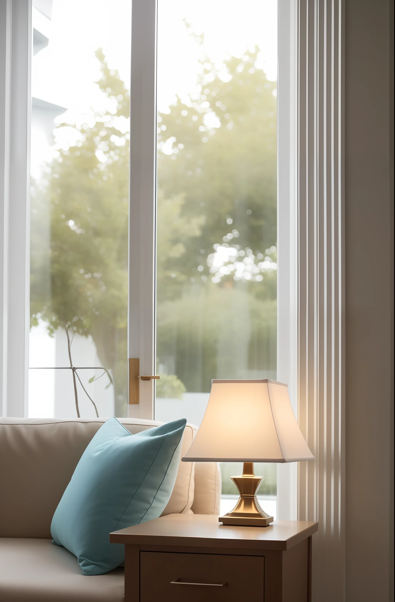 Close-up of a lamp on the table next to the sofa,Bright surroundings,Detailed details,Sunlight pours into the windows from the side,Cool style,More textured,Realiy,the detail