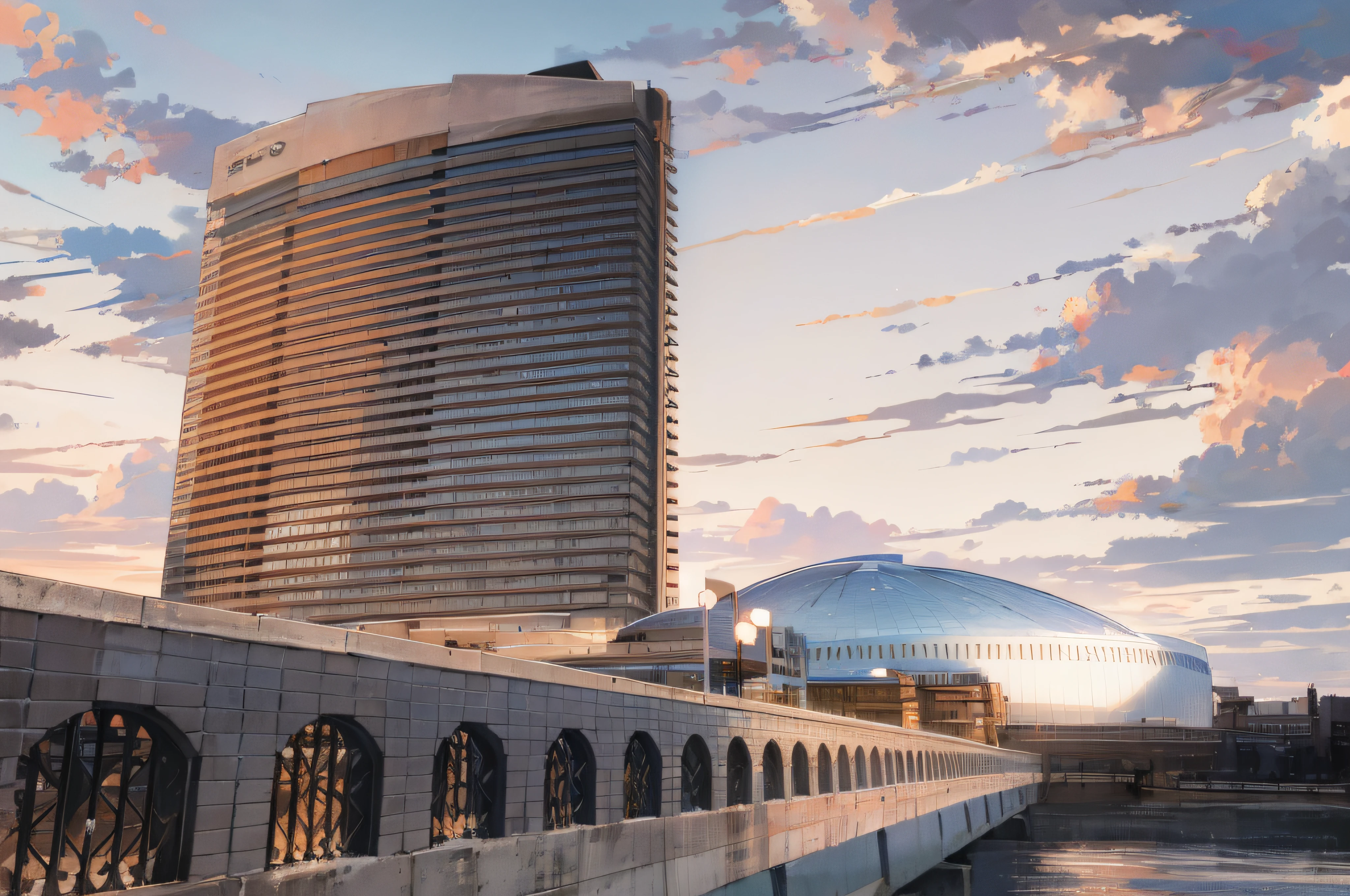 There is a large building along the river, View from the harbor, taken with sony a7r camera, Background megastructure, building along a river, Round building on background, reportage photo, photo taken with sony a7r, Hard and strong building, 2 4 mm iso 8 0 0