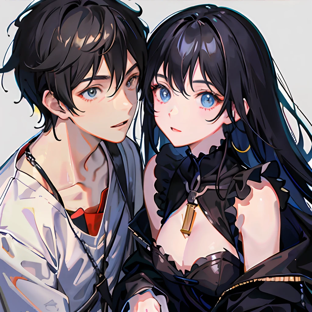 anime big ,quadratic element,Couple avatar,1girll,1boys,Boys and girls,two guys,couple,husband and wife,A small couple。Sateen,exteriors,hoody,Open jacket,chain,backpacks,Look at it affectionately,Look at each other,voluminous hair,Female hair growth,long hair girl,with black background,nipplels,Glowing edges,Trends on ArtStation,8K分辨率,The is very detailed,anatomically correcte,Sharp images,digitial painting,concept-art,Trends on pixiv,Estilo de Makoto Shinkai