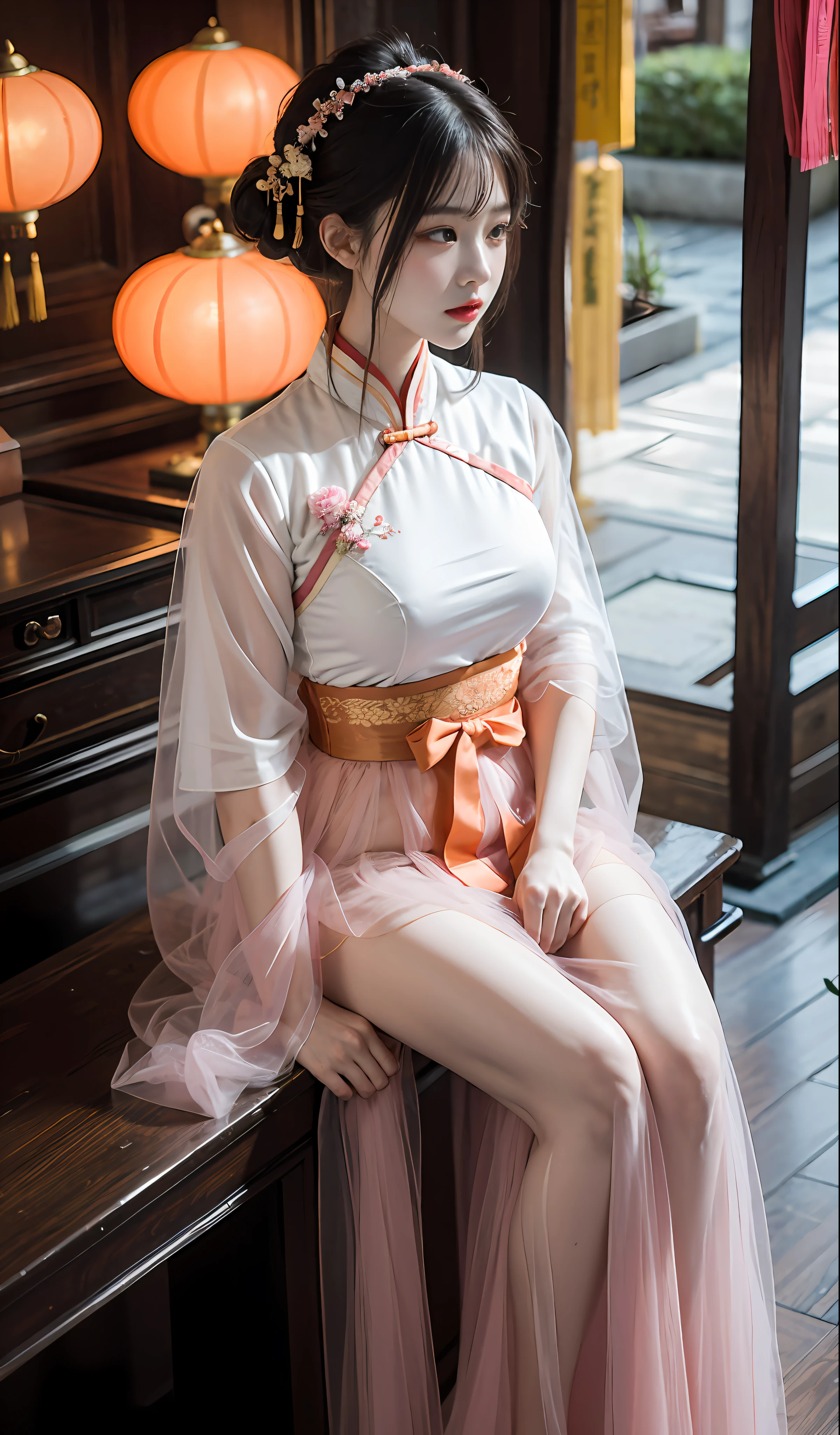 hyper realisitc，Realistis，plumw，Bigchest，slenderlegs，China-style，Hanfu，Pink tulle clothes，Orange tulle clothes，Ancient Chinese street markets，Dignified，ellegance，Noble，Song Dynasty，the Tang Dynasty，adolable，stare into the distance