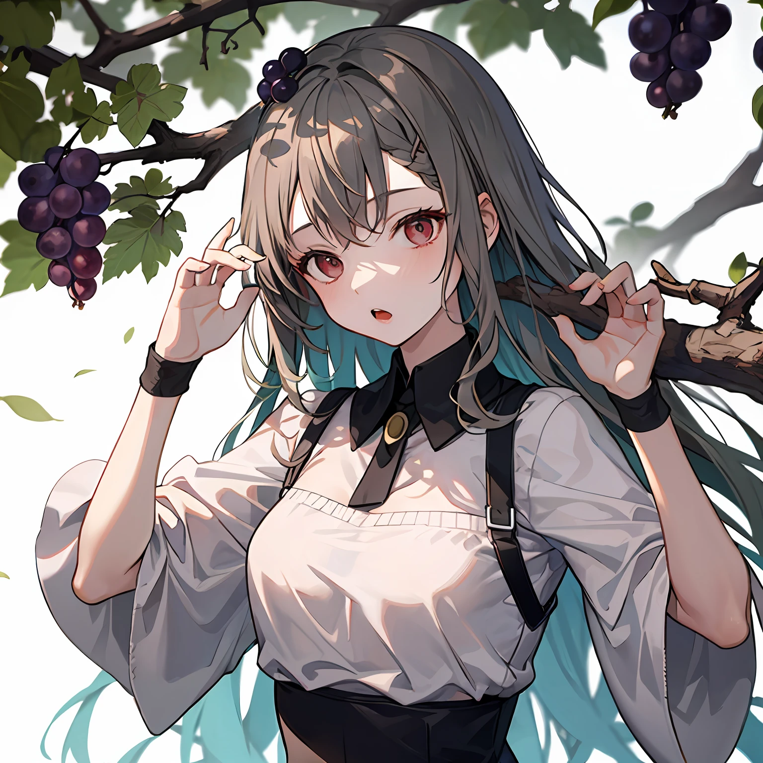 grapes tree,1girl,tree branch on head,wooden hands,branch,fractral,eat