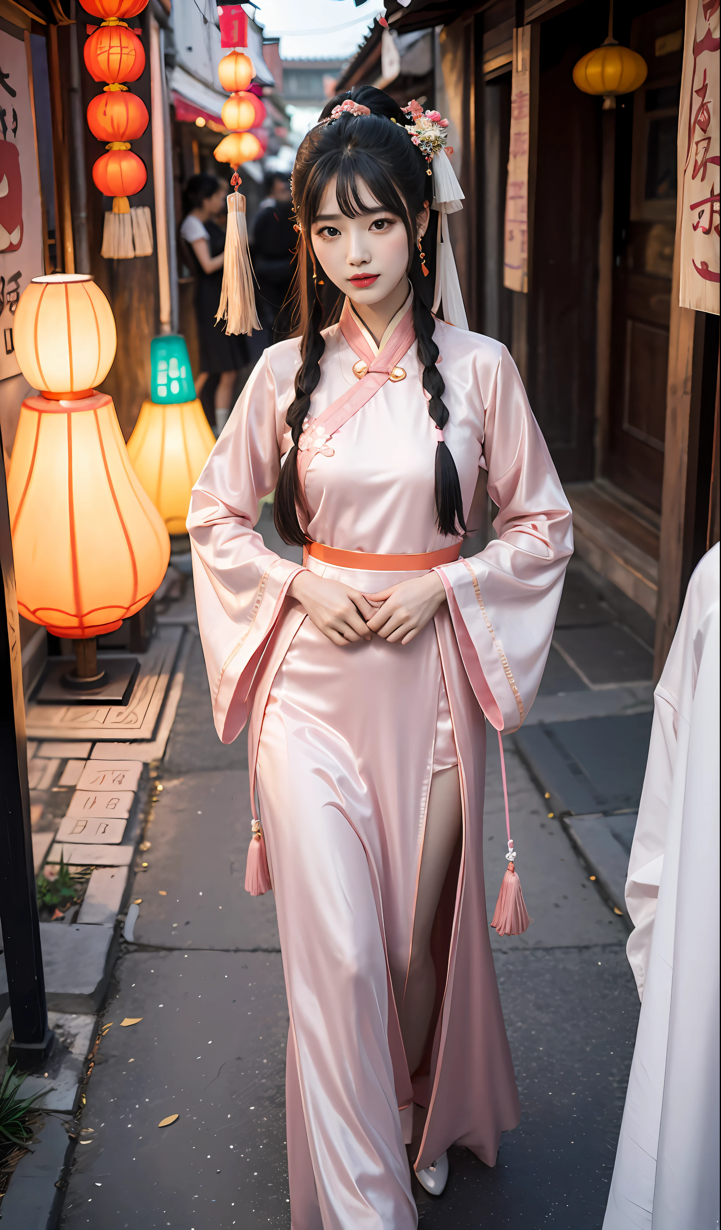 hyper realisitc,Realistis,plumw,Bigchest,slenderlegs,China-style,Hanfu,Pink tulle clothes,Orange tulle clothes,Ancient Chinese street markets,Dignified,ellegance,Noble,Song Dynasty,the Tang Dynasty,adolable,stare into the distance