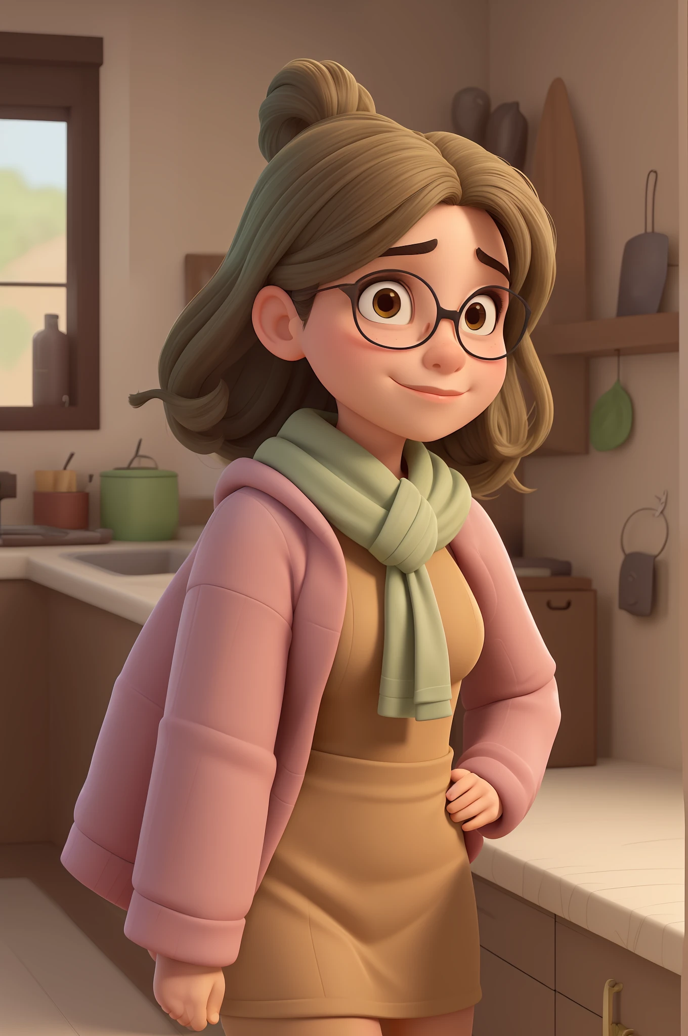 obra-prima, melhor qualidade, uma velha, cabelos brancos, rosto enrugado, vestindo um casaco vermelho, standing on her feet, na cozinha