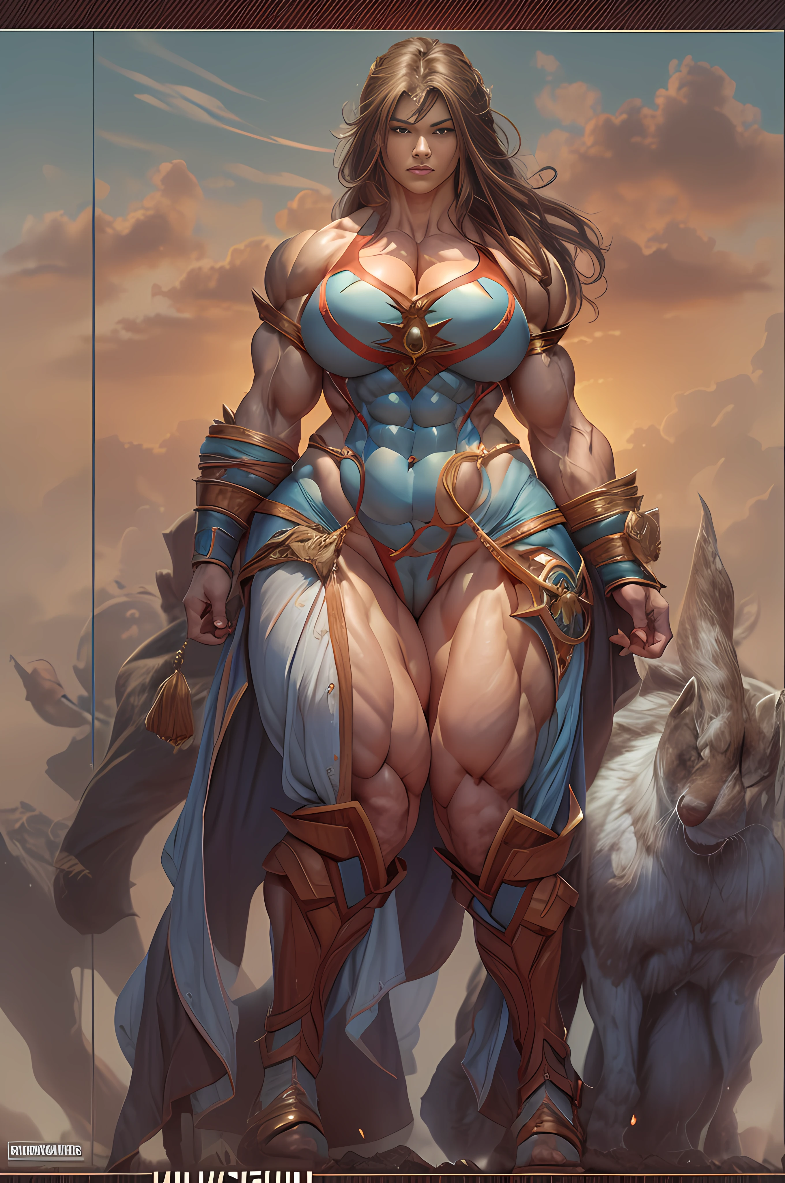 (masterpiece: 2), (best quality: 2), figure of the perfect woman, regal and proud robust woman, Arafed female bodybuilder posing in a field, very wide breasts, (beautiful: 1.6), (perfect body: 2), very big breasts, muscular warrior women, ultraviolent muscular woman, muscular girl, feminine and muscular, full breasts, long legs, (female bodybuilder: 1.6), muscular druid, very beautiful, (very heavy breasts: 2), big muscles, very strong woman, extreme muscles, massive muscles, muscles, muscular and scary, strong and muscular, giant muscles with veins, show of strength, wide hips, perfect lighting, white skin, brown hair, red and blue eyes, mature woman, venous muscles, huge buttocks, 1girl, hanging breasts,