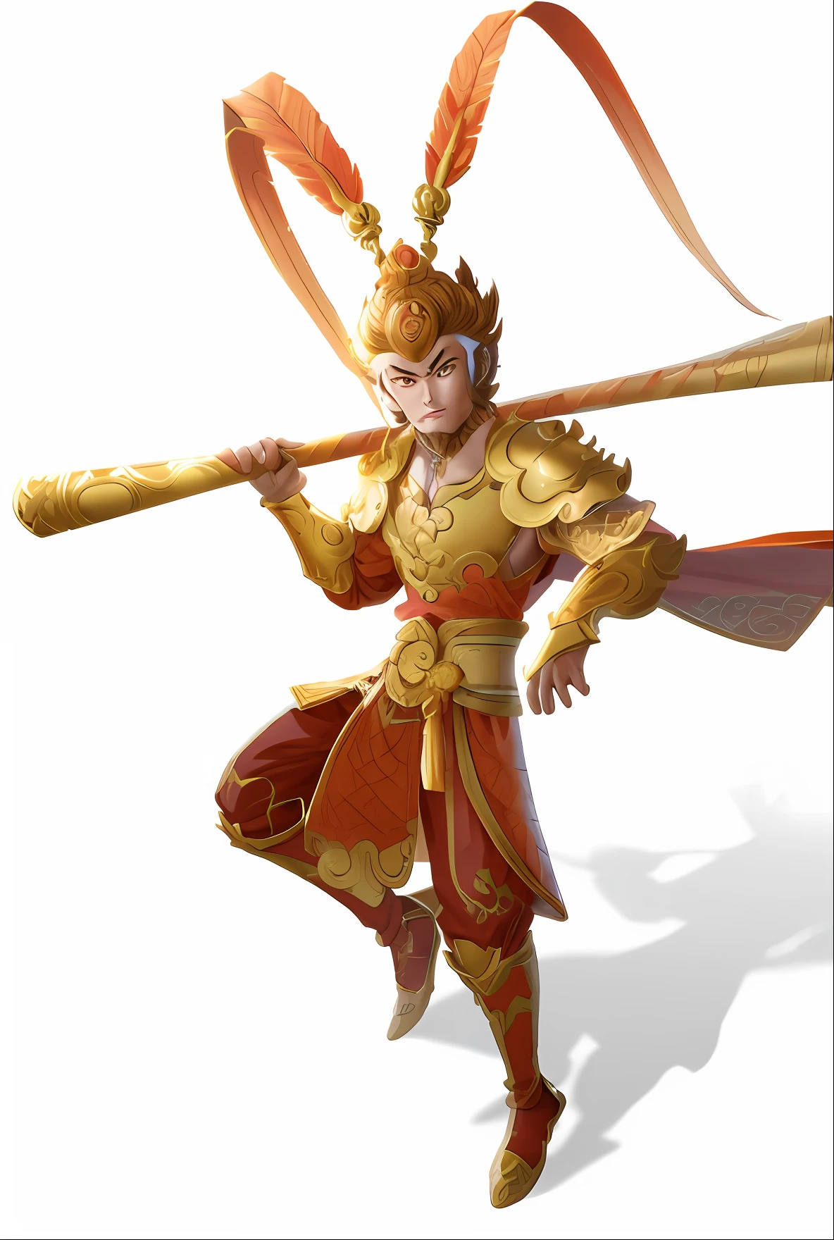Monkey king,son goku,Golden-patterned stick,Golden oriental armor,Illustrator,Vector illustration,Chinese mythology, tmasterpiece,high qulity, 8k, A high resolution, high detal,Close-up Shot Shot,facing to audience,Close-up Shot Shot,facing to audience,full body shot shot