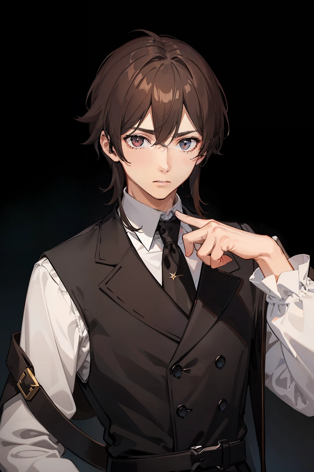 A man with tied up brown hair, wearing a black and white knights outfit. Has silver eyes.