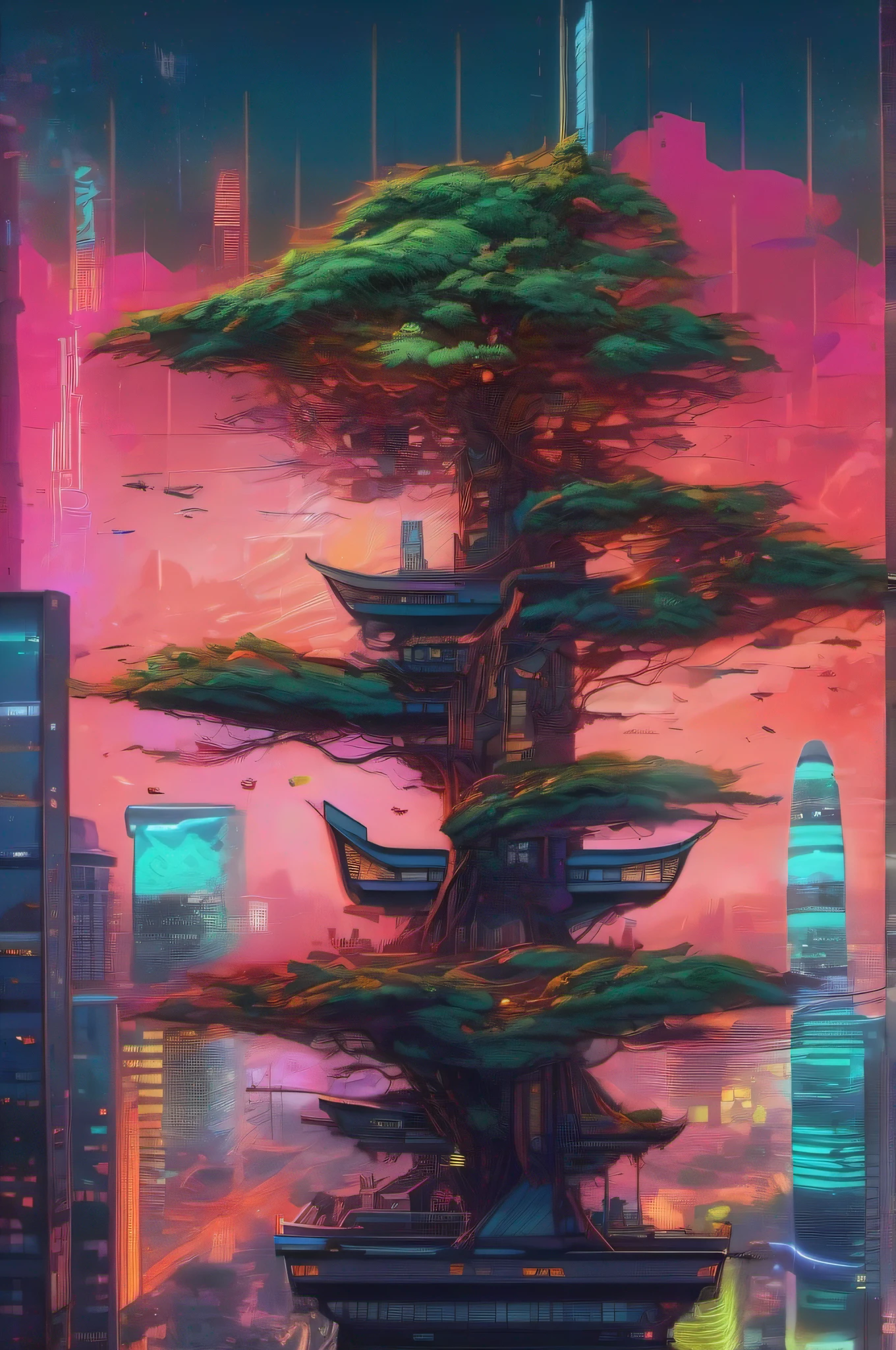 A floating cyberpunk city, (Action) standing tall, (Context) mixed with a Cherry Palm Blossom Tree, (Environment) in the middle of the city, (Lighting) illuminated with neon lights, (Artist) inspired by Hokusai, (Style) with a touch of graffiti, (Medium) created through digital painting, (Type) portraying a futuristic landscape, (Color Scheme) featuring vibrant greens, oranges, and reds, (Computer Graphics) incorporating advanced 3D rendering, (Quality) in ultra-high definition (8K), (Emotions) conveying a sense of energy and excitement.
A floating cyberpunk city stands tall, mixed with a Cherry Palm Blossom Tree in the middle of the city. The scene is illuminated with vibrant neon lights, showcasing a futuristic landscape inspired by Hokusai with a touch of graffiti art. The digital painting presents an ultra-high-definition (8K) depiction, featuring vibrant greens, oranges, and reds that evoke a sense of energy and excitement.