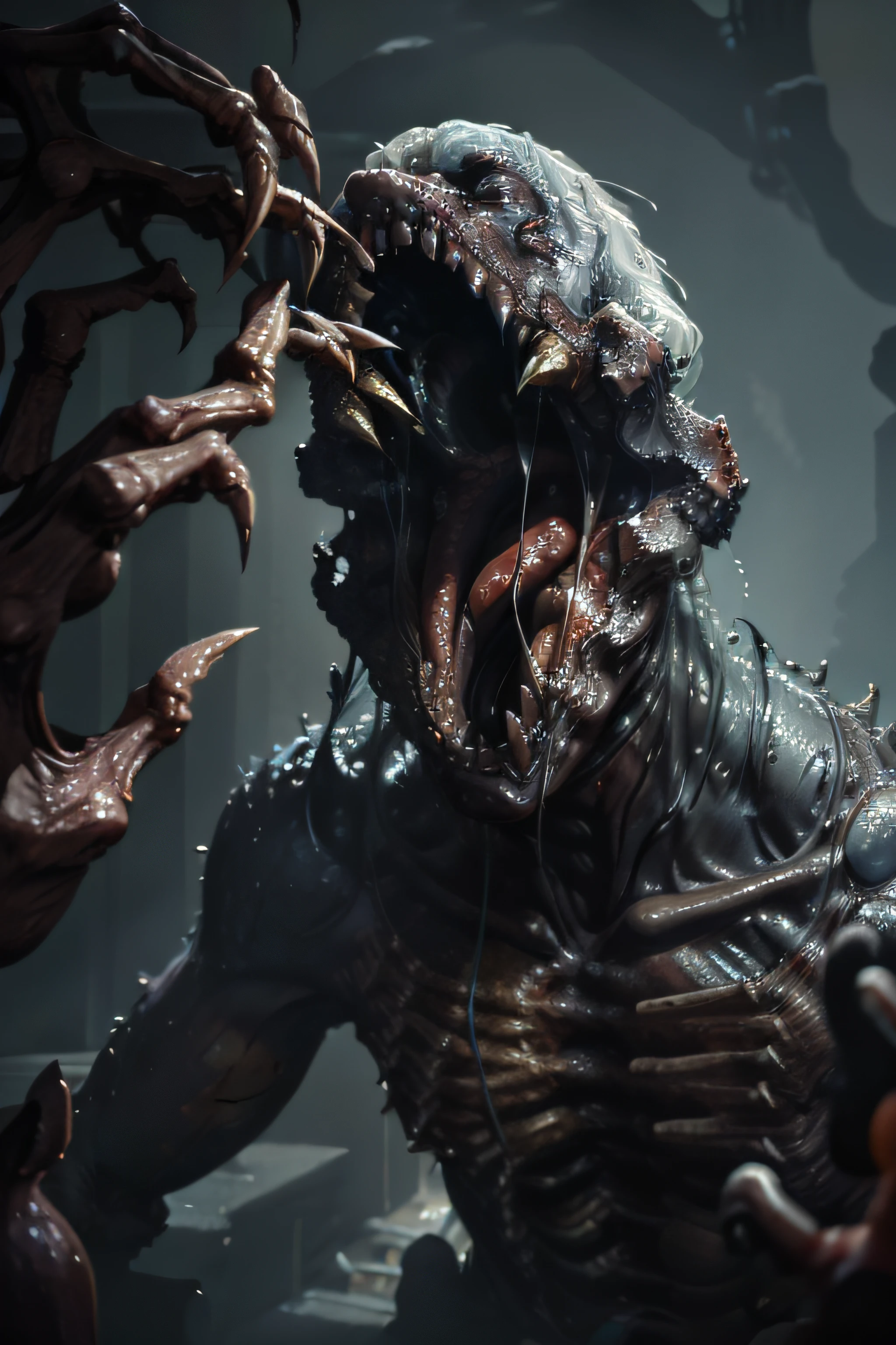 criatura com ossos e vertebras, mandibles, dentes afiados, filme de horror, animatronic, filme gore