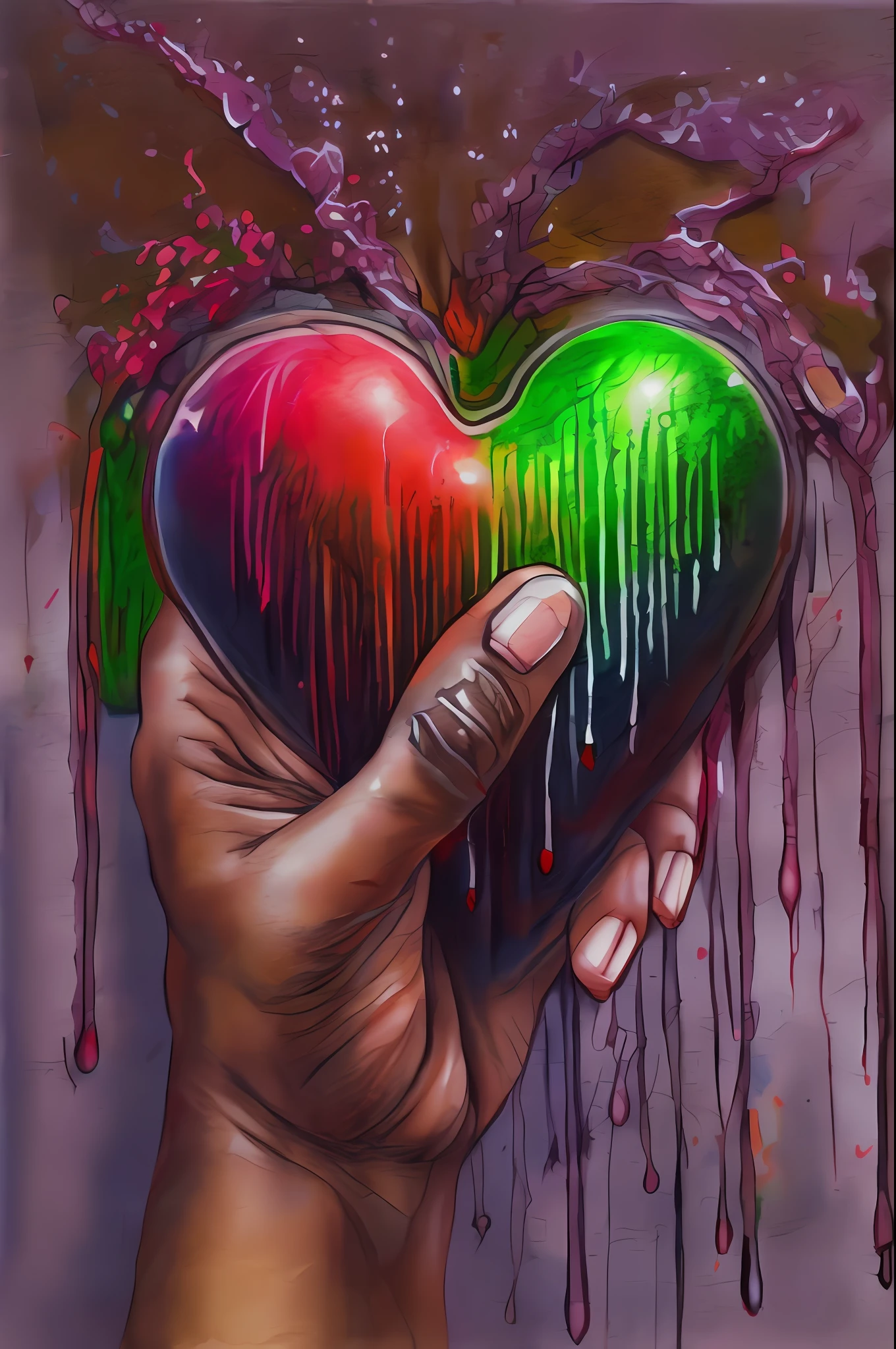 colored pencil drawing (dark brown skin hand) squeezing a red heart, (black and green paint dripping from the top of the heart), painterly, matte paint