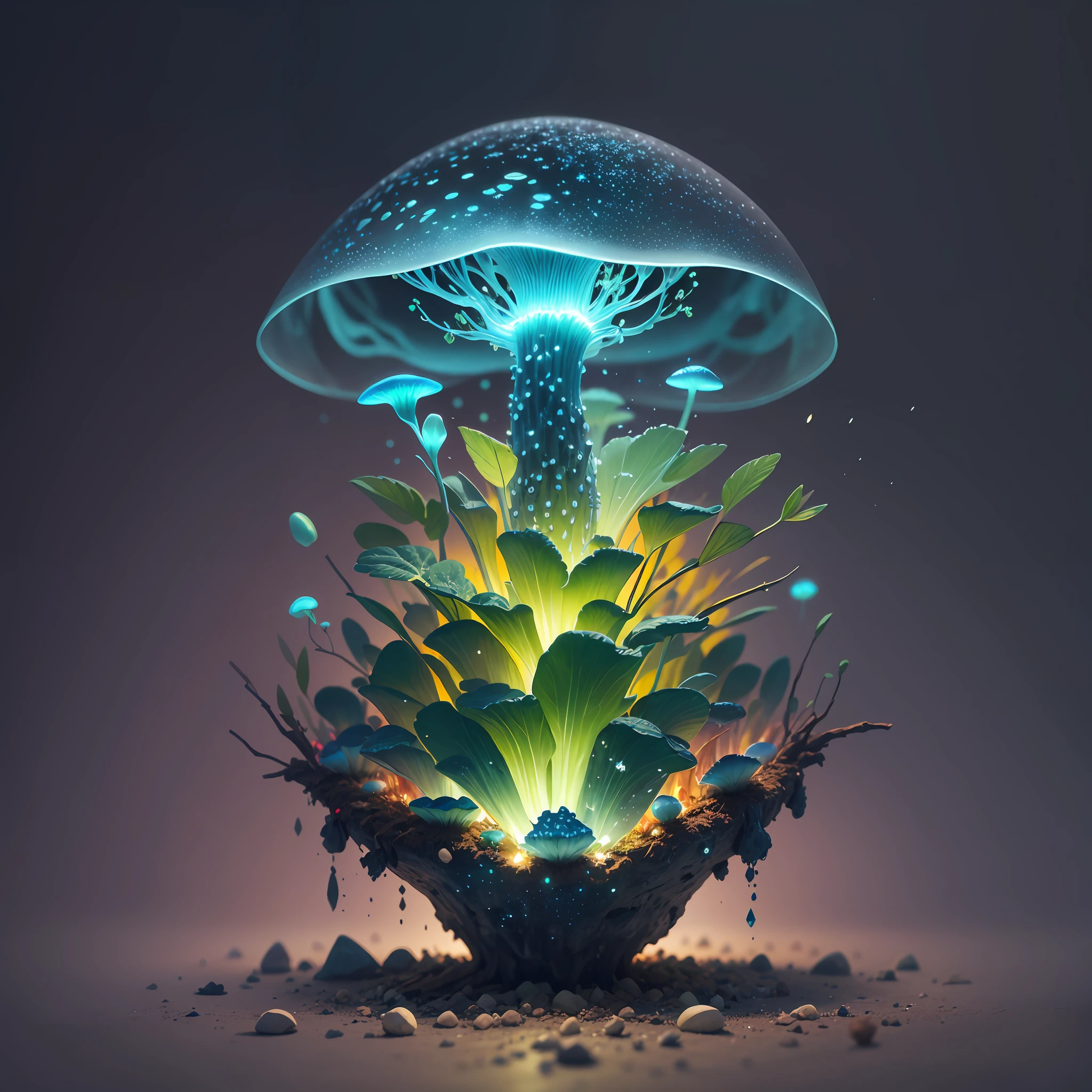 Generate images of creatures with humanoid body structures, But mainly composed of fungal elements. Its head resembles a big head, Dome-shaped crystal spring flower mushroom cap, fanciful, Colorful, Decorated with a luminous speckled pattern. Its arms are long, Flexible tendrils sprout from the shoulders, Able to be as vertical as a human hand. And not legs, It has a single, Thick, The stem is rooted in the ground. Its face is a small cluster, Bioluminescent spheres embedded in the bottom of the lid, Arranged in a way reminiscent of human facial features. photo-realism, ultra - detailed, 4K, A high resolution