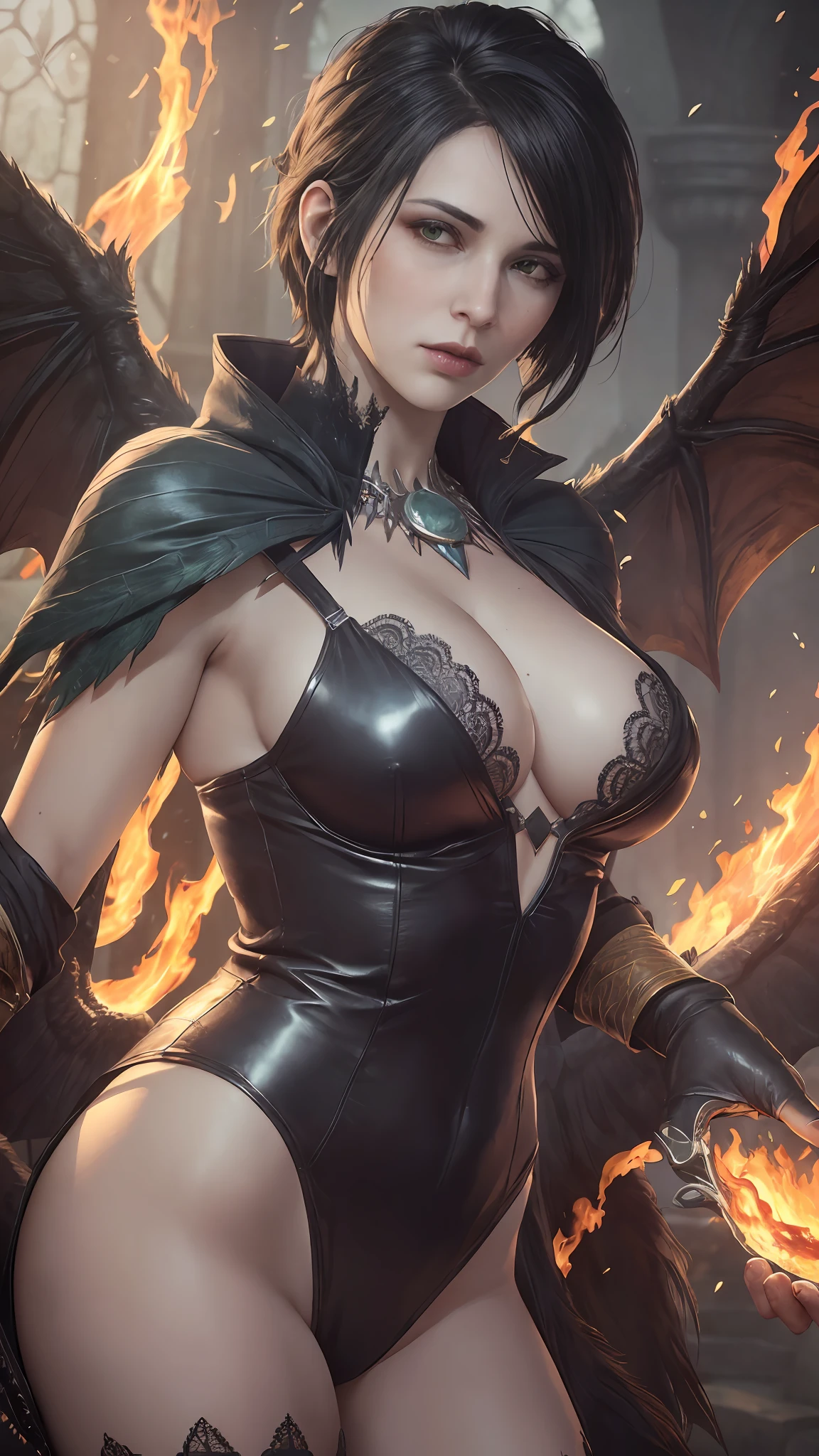 (Dark Fantasy:1.2), (Masterpiece, Epic Quality, Epic Realism, Ultra Resolution, 8K Photo Unity, Epic Detail: 1.1), witch fur robe, (((morrigan from dragon age))), dark hair, (((waiving a fire spell))), (Intricate Details, Dynamic Angle, Rim Lighting, Soft Lighting, (Professional Photography, Photorealism, Hyperrealism), Ray Tracing, HDR, beautiful hands, shiny skin, no wing