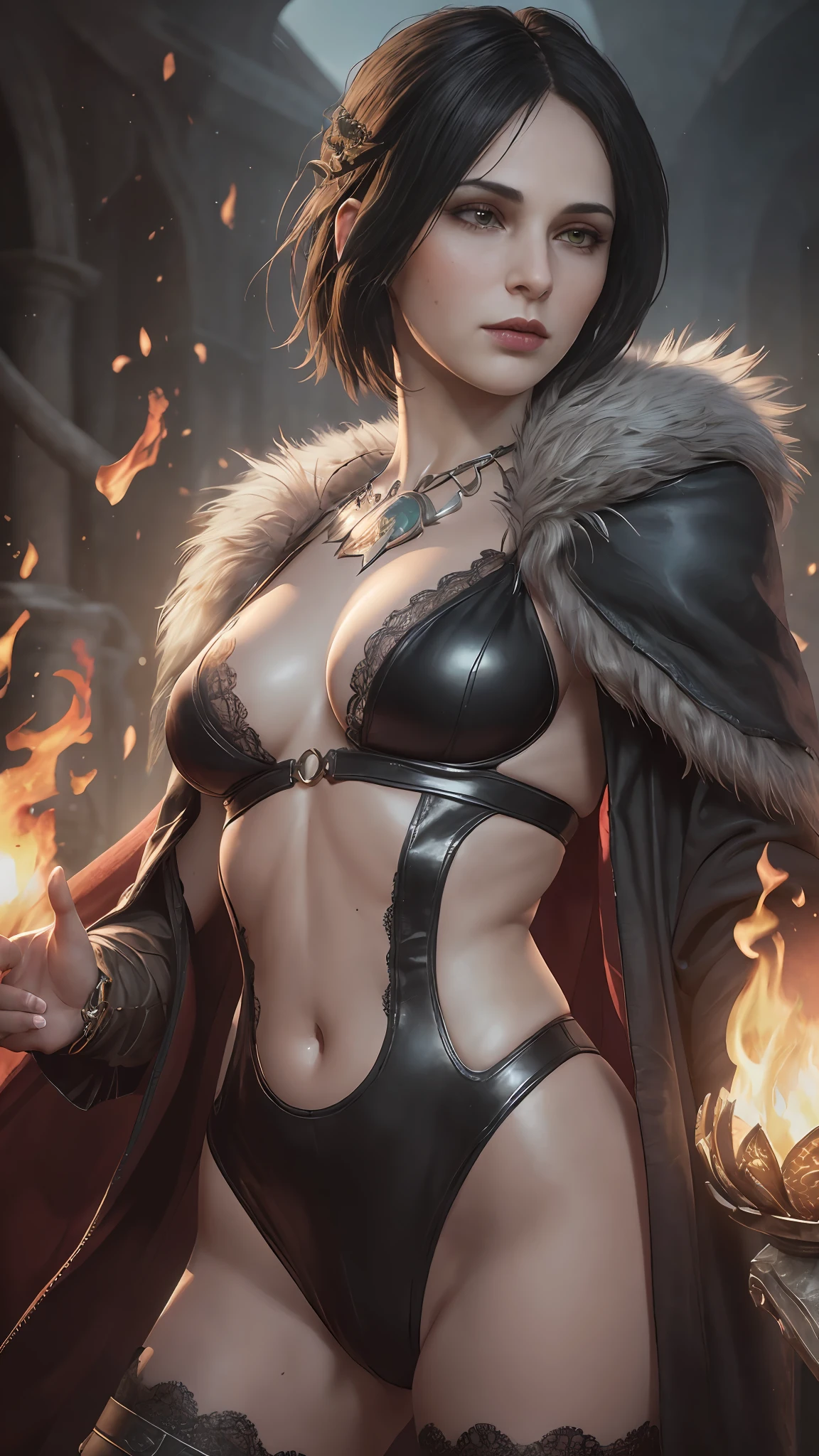 (Dark Fantasy:1.2), (Masterpiece, Epic Quality, Epic Realism, Ultra Resolution, 8K Photo Unity, Epic Detail: 1.1), witch fur robe, (((morrigan from dragon age))), dark hair, (((waiving a fire spell))), (Intricate Details, Dynamic Angle, Rim Lighting, Soft Lighting, (Professional Photography, Photorealism, Hyperrealism), Ray Tracing, HDR, beautiful hands, shiny skin, no wing