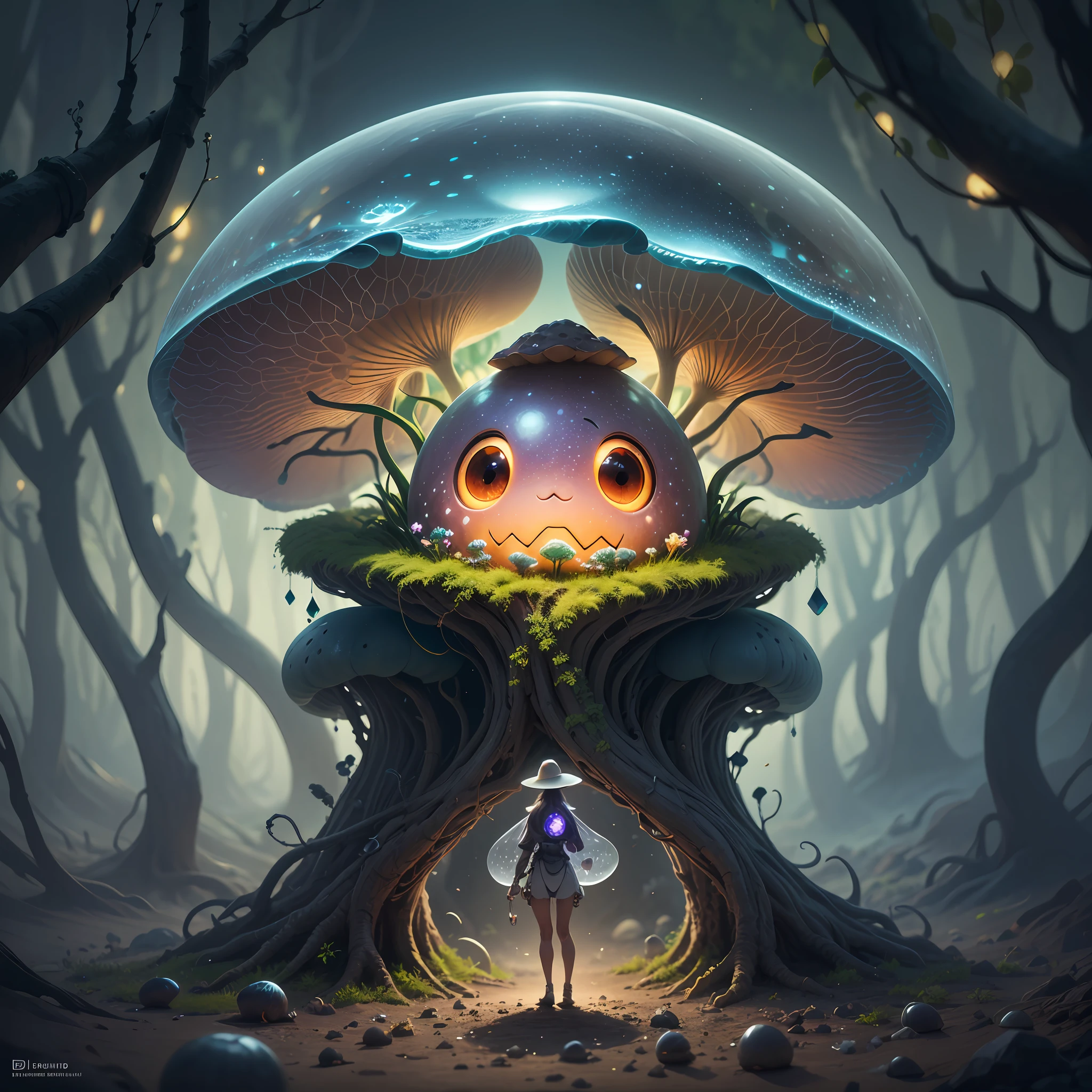 Generate images of creatures with humanoid body structures, But mainly composed of fungal elements. Its head resembles a big head, Dome-shaped crystal spring flower mushroom cap, fanciful, Colorful, Decorated with a luminous speckled pattern. Its arms are long, Flexible tendrils sprout from the shoulders, Able to be as vertical as a human hand. And not legs, It has a single, Thick, The stem is rooted in the ground. Its face is a small cluster, Bioluminescent spheres embedded in the bottom of the lid, Arranged in a way reminiscent of human facial features. photo-realism, ultra - detailed, 4K, A high resolution