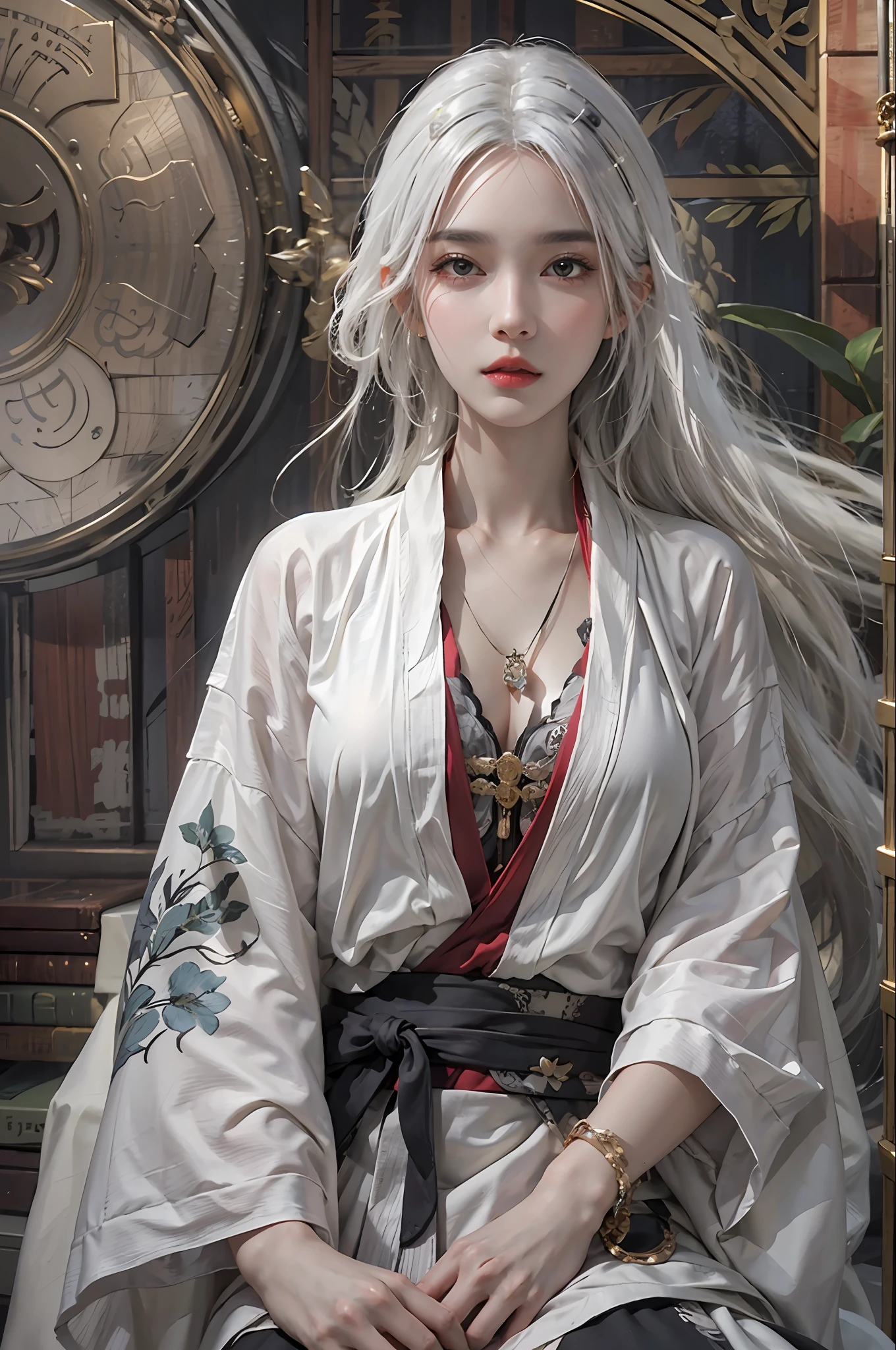 photorealistic, high resolution, 1women, solo, hips up, look at viewer, (detailed face), white hair, long hair, Taoist robe,oversized clothes, jewelry