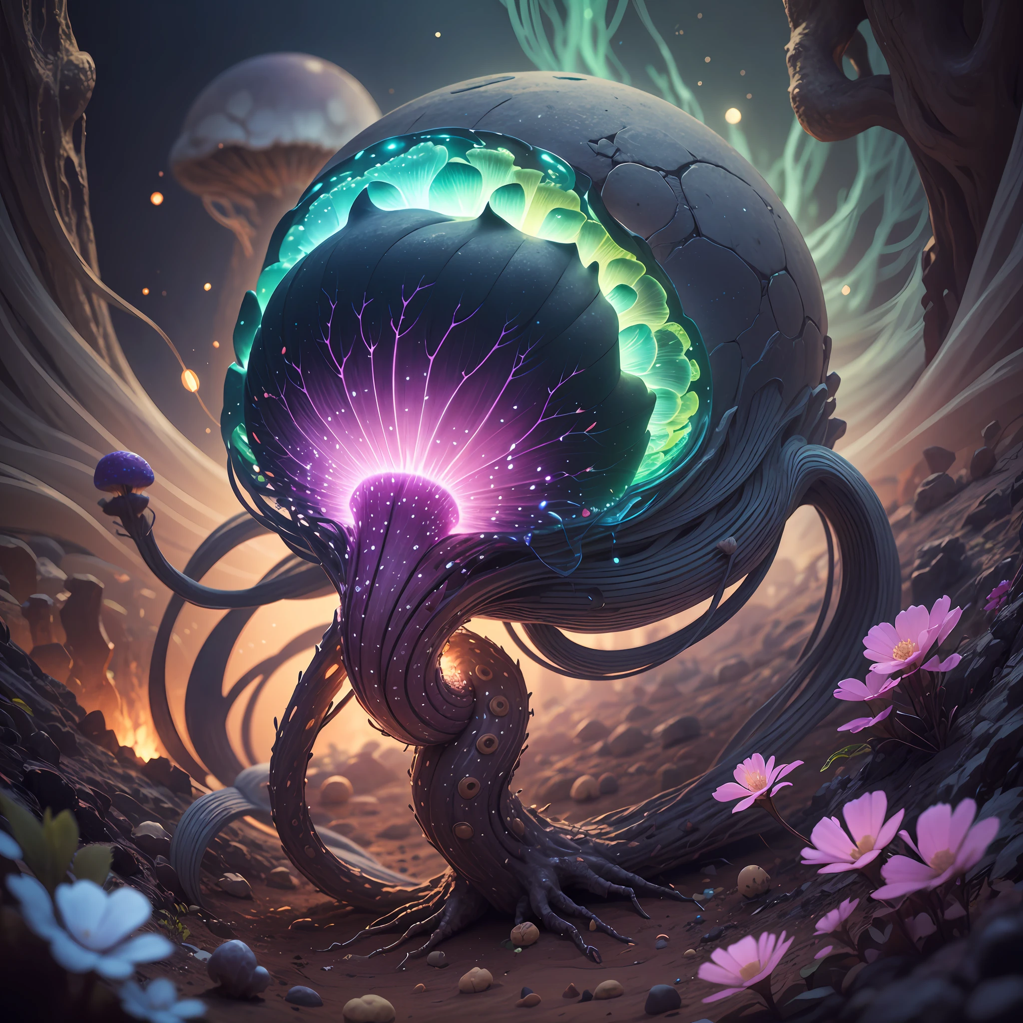 Generate images of creatures with humanoid body structures, But mainly composed of fungal elements. Its head resembles a big head, Dome-shaped crystal spring flower mushroom cap, fanciful, Colorful, Decorated with a luminous speckled pattern. Its arms are long, Flexible tendrils sprout from the shoulders, Able to be as vertical as a human hand. And not legs, It has a single, Thick, The stem is rooted in the ground. Its face is a small cluster, Bioluminescent spheres embedded in the bottom of the lid, Arranged in a way reminiscent of human facial features. photo-realism, ultra - detailed, 4K, A high resolution