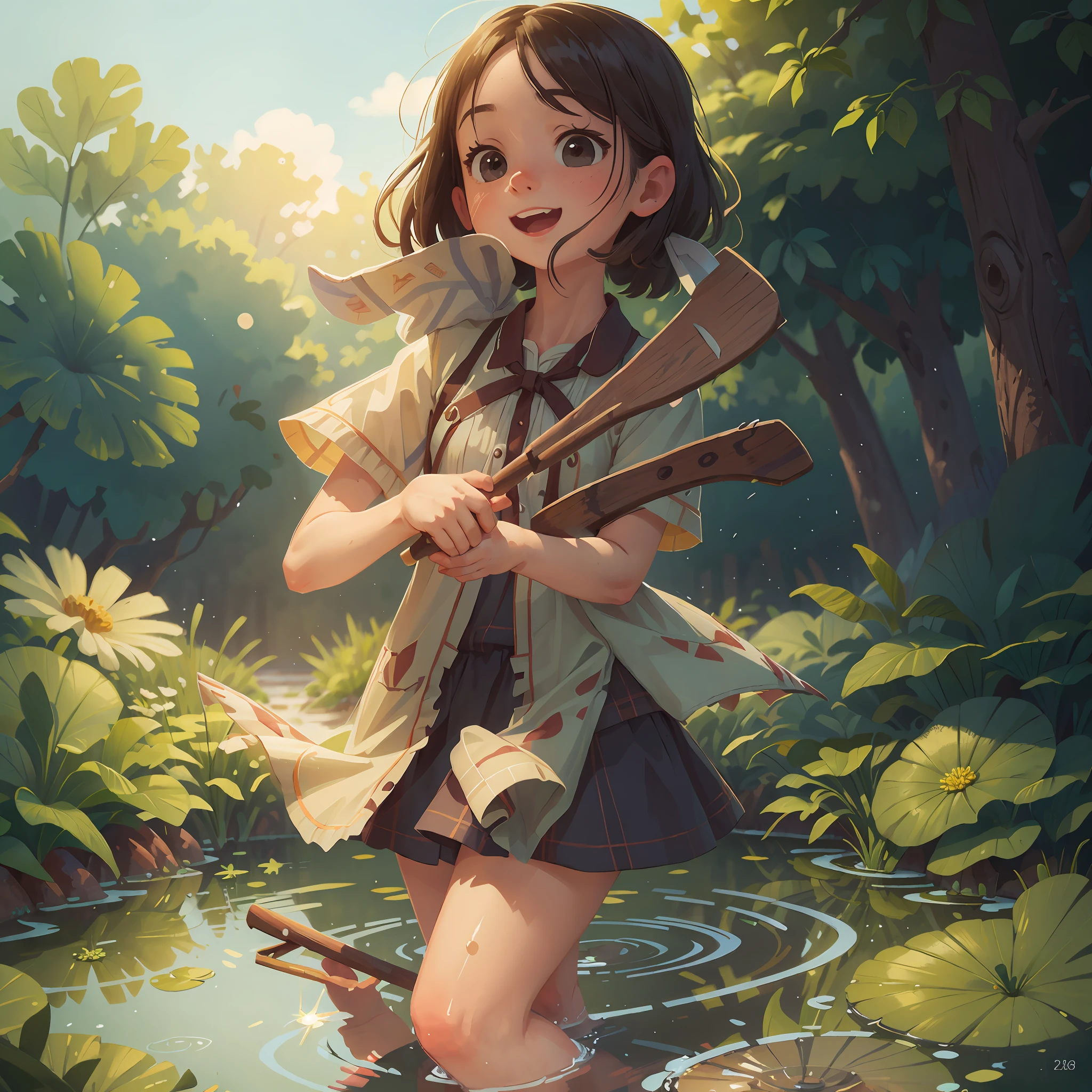 Girl, Paddling, Pond, Summer, Perfect Quality, Clear Focus (Clutter - Home: 0.8), (Masterpiece: 1.2) (Realistic: 1.2) (Bokeh) (Best Quality) (Detailed skin: 1.3) (Intricate Details) (8K) (Detail Eyes) (Sharp Focus), (Happy)