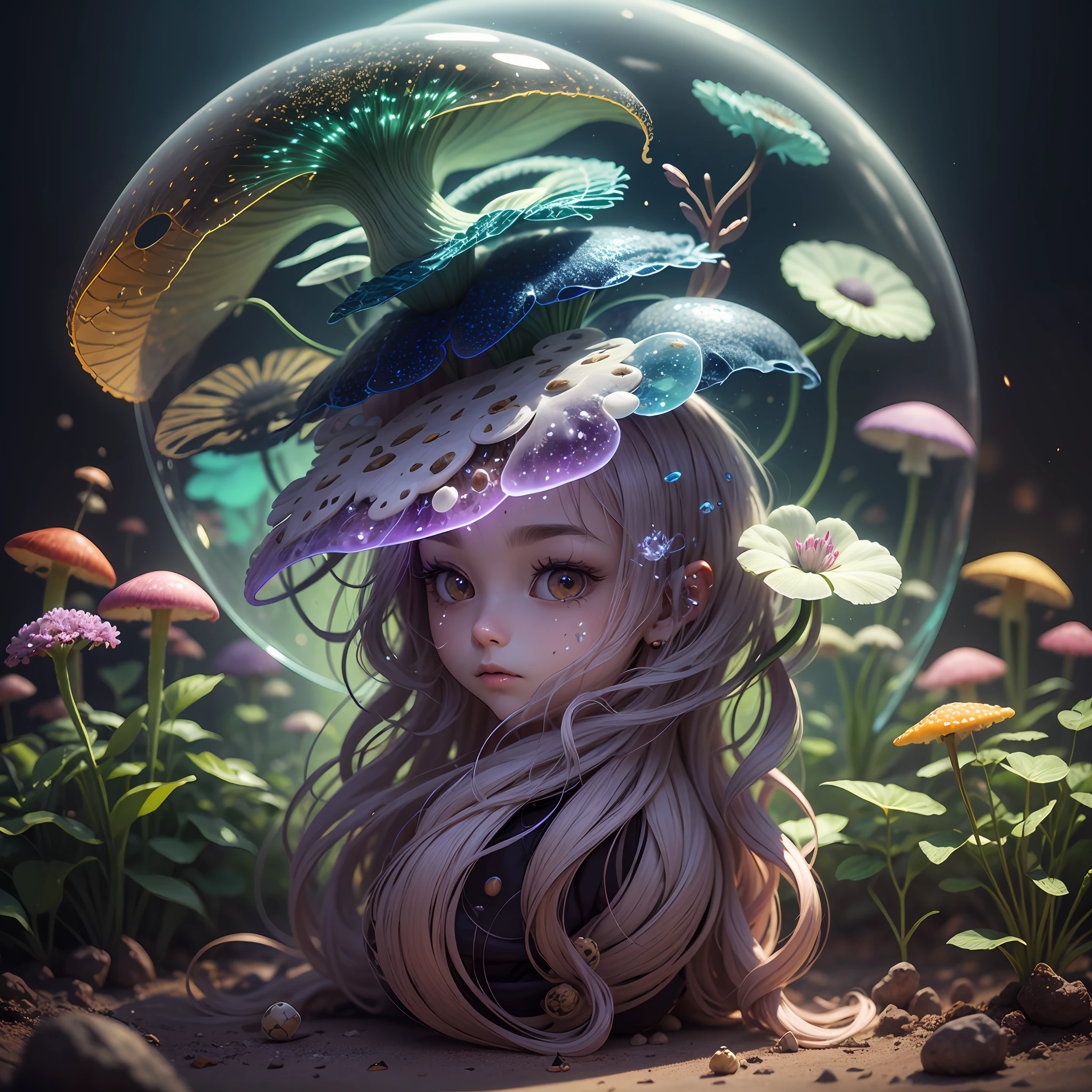 Generate images of creatures with humanoid body structures, But mainly composed of fungal elements. Its head resembles a big head, Dome-shaped crystal spring flower mushroom cap, fanciful, Colorful, Decorated with a luminous speckled pattern. Its arms are long, Flexible tendrils sprout from the shoulders, Able to be as vertical as a human hand. And not legs, It has a single, Thick, The stem is rooted in the ground. Its face is a small cluster, Bioluminescent spheres embedded in the bottom of the lid, Arranged in a way reminiscent of human facial features. photo-realism, ultra - detailed, 4K, A high resolution