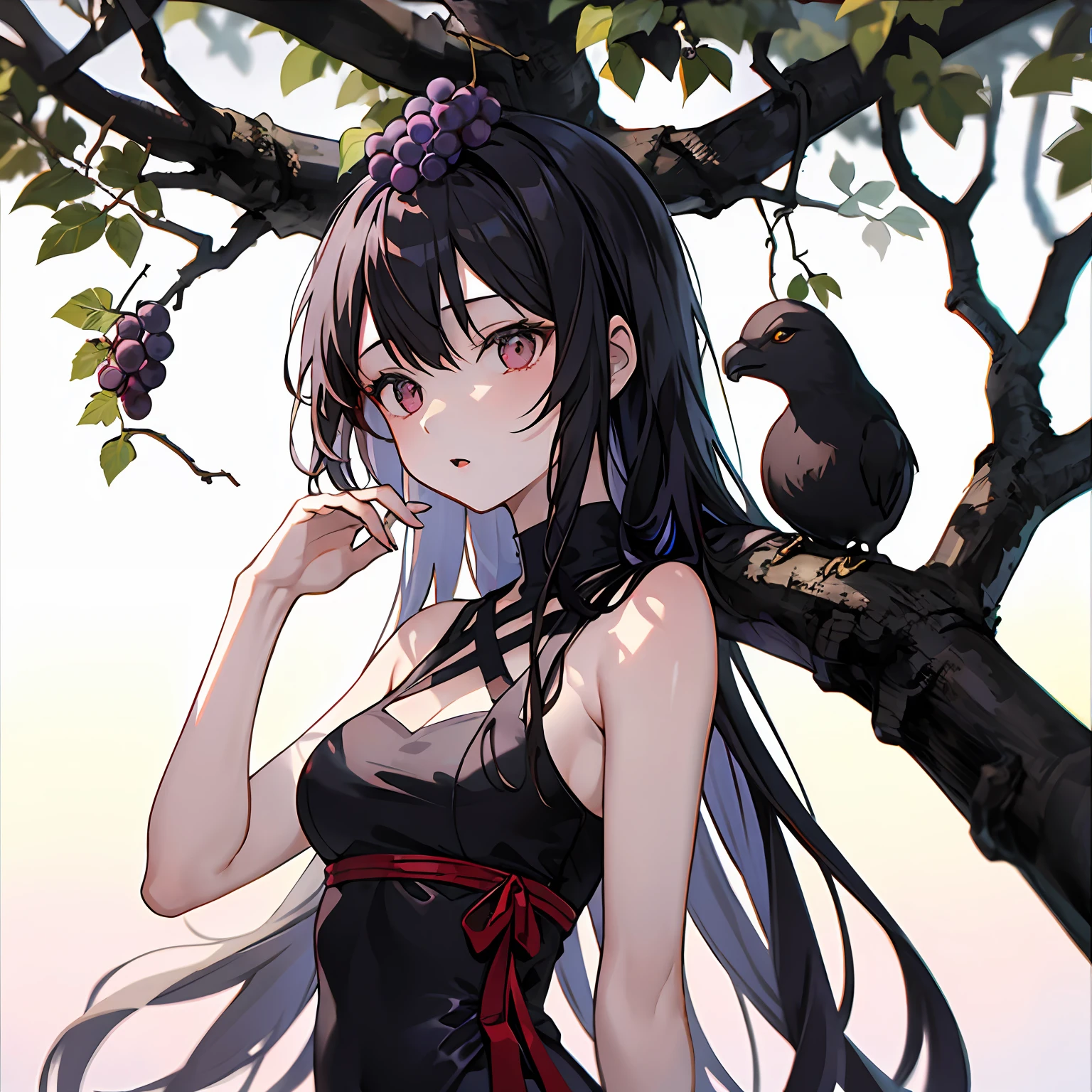 grape tree,1girl,tree branch on head,wooden hands,branch,fractral,wine