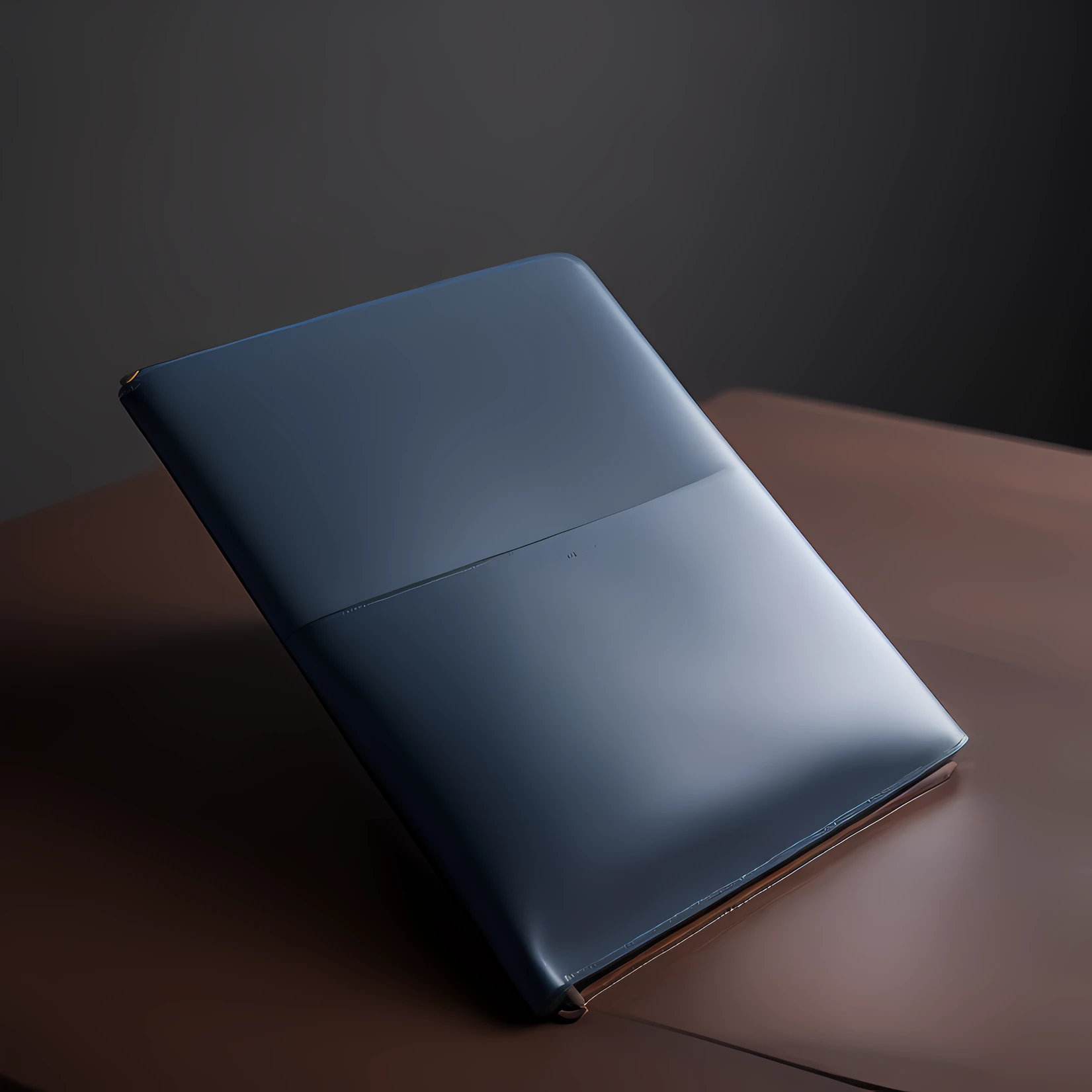 On the table was a blue-gray folder,The folder is placed on a black Visualizer,product closeups,Bottom view,solid color backdrop,Business style,solid,close angle,Product photo,f / 2 0, Leather Pouch, Natural soft light,author:Emma Andievska, close-up product photo, Sacoche, full product shot, Fluid bags,Natural soft light