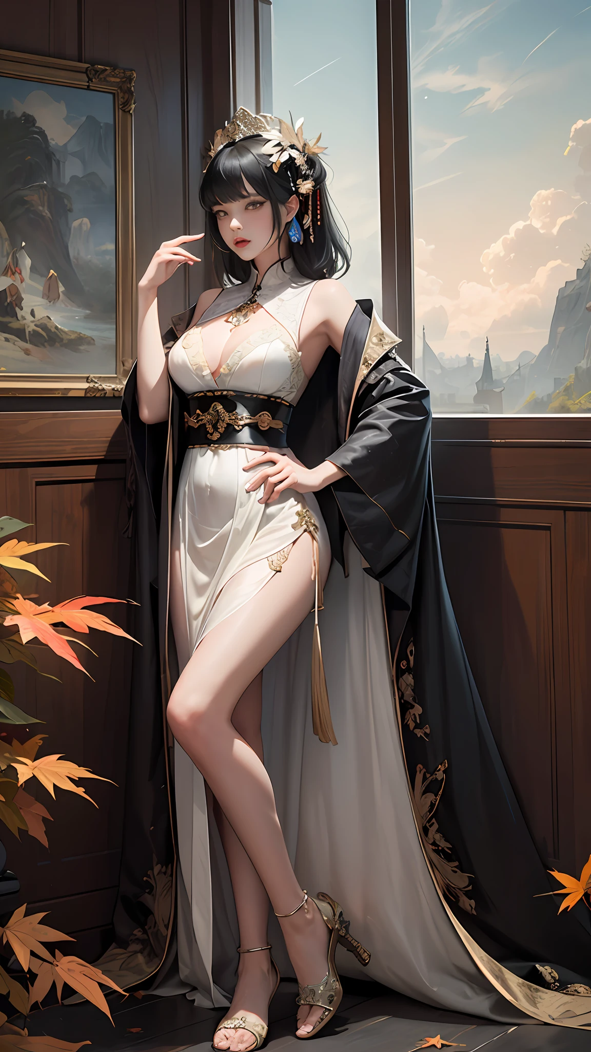 offcial art,Unity 8k壁纸,ultra - detailed,aestheticly pleasing,big breasts beautiful,tmasterpiece,best qualtiy, mistic, romanticism lain, An air of terror, Literary, Artistically, Fashionab, Tang Dynasty era, decor, iintricate, Embroidery,Tulle coat,1girll,Black color hair,Gorgeous hair accessories,Bust composition,Dramatic composition,电影灯光,dynamic viewing angle,Raised sexy,full of seduction,Maple Grove,Maple leaves fall,The clouds are thick,Dramatic composition,,Full body like,long leges,adolable,youthfulness