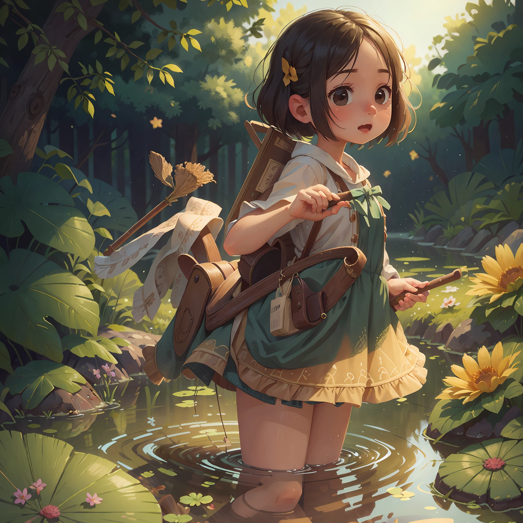 Girl, Paddling, Pond, Summer, Perfect Quality, Clear Focus (Clutter - Home: 0.8), (Masterpiece: 1.2) (Realistic: 1.2) (Bokeh) (Best Quality) (Detailed skin: 1.3) (Intricate Details) (8K) (Detail Eyes) (Sharp Focus), (Happy)