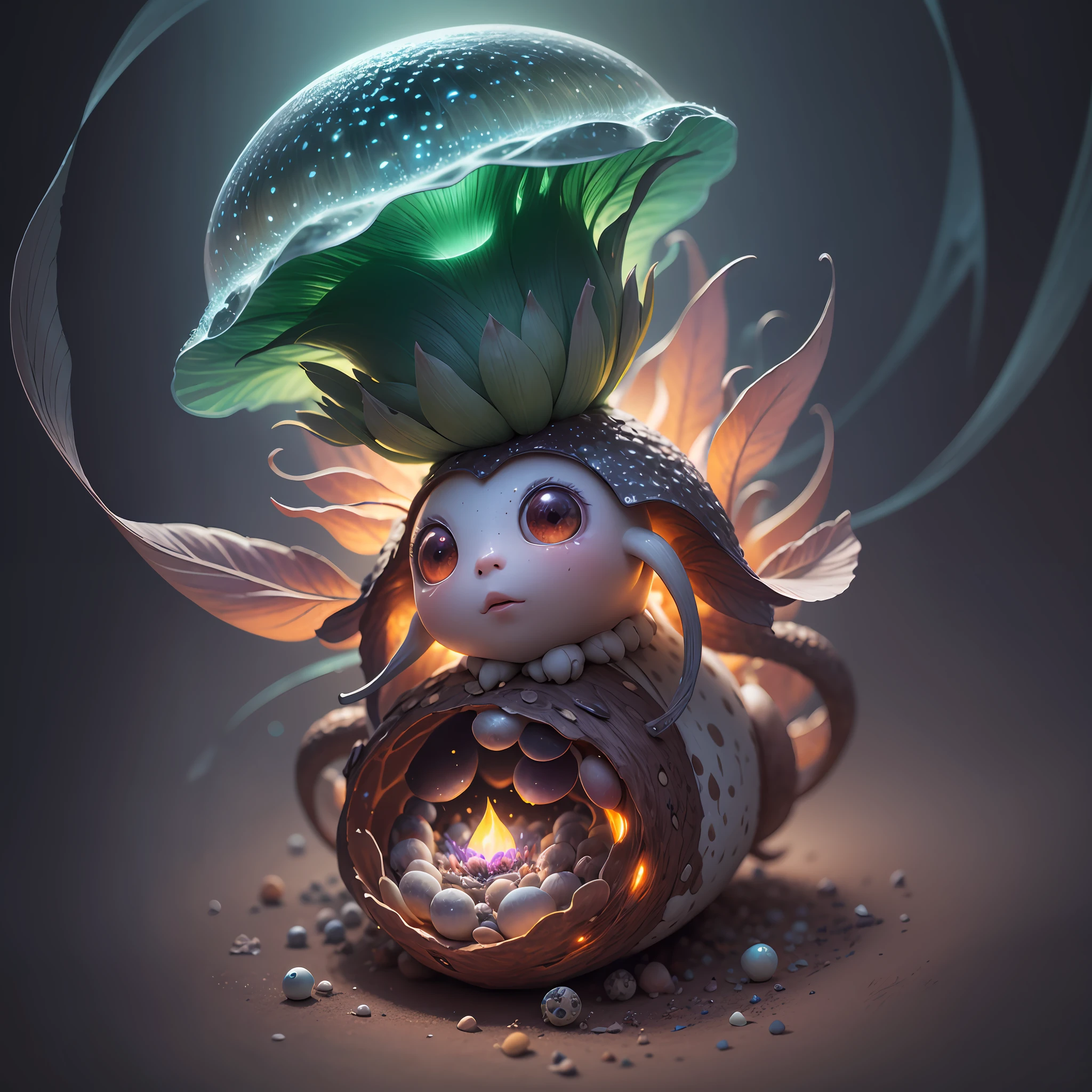 Generate images of creatures with humanoid body structures, But mainly composed of fungal elements. Its head resembles a big head, Dome-shaped crystal spring flower mushroom cap, fanciful, Colorful, Decorated with a luminous speckled pattern. Its arms are long, Flexible tendrils sprout from the shoulders, Able to be as vertical as a human hand. And not legs, It has a single, Thick, The stem is rooted in the ground. Its face is a small cluster, Bioluminescent spheres embedded in the bottom of the lid, Arranged in a way reminiscent of human facial features. photo-realism, ultra - detailed, 4K, A high resolution