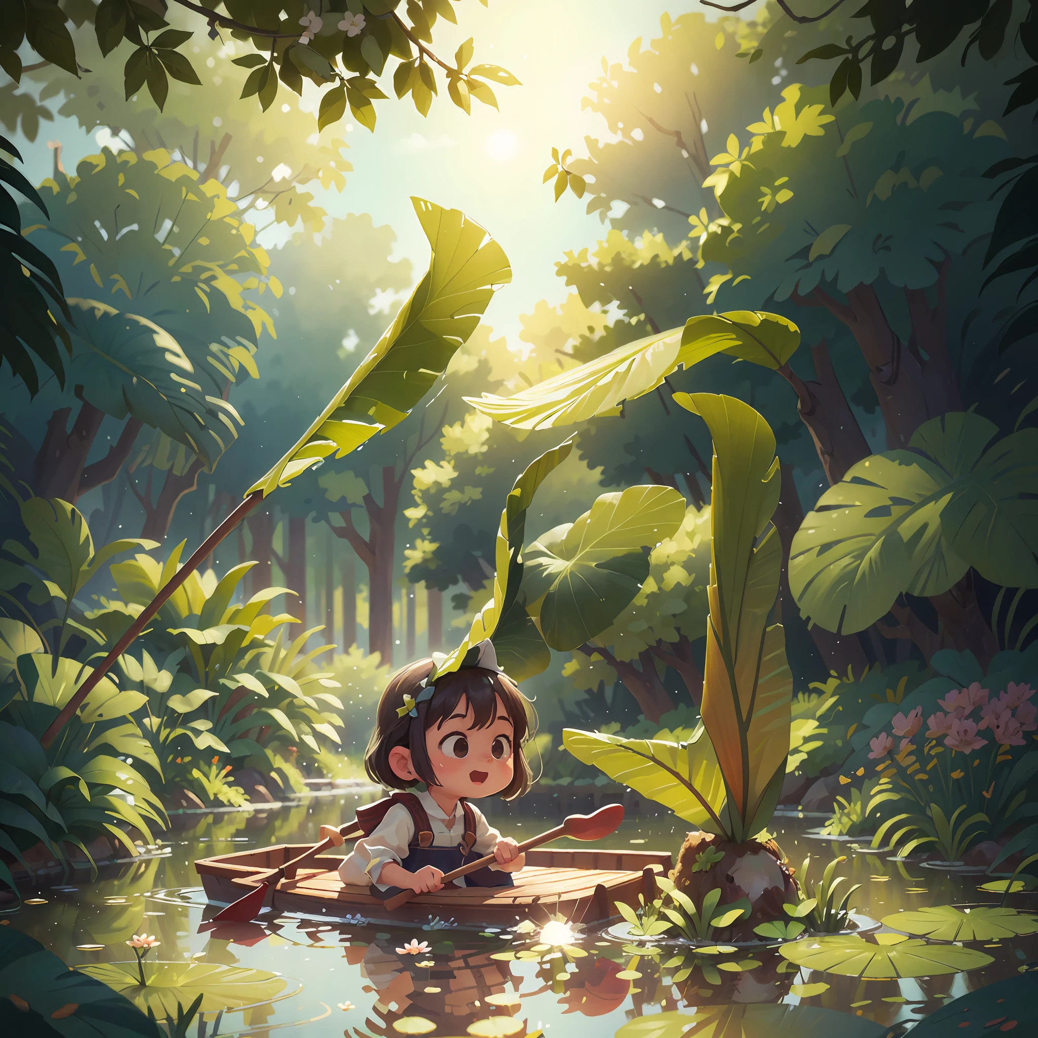 Girl, Paddling, Pond, Summer, Perfect Quality, Clear Focus (Clutter - Home: 0.8), (Masterpiece: 1.2) (Realistic: 1.2) (Bokeh) (Best Quality) (Detailed skin: 1.3) (Intricate Details) (8K) (Detail Eyes) (Sharp Focus), (Happy)