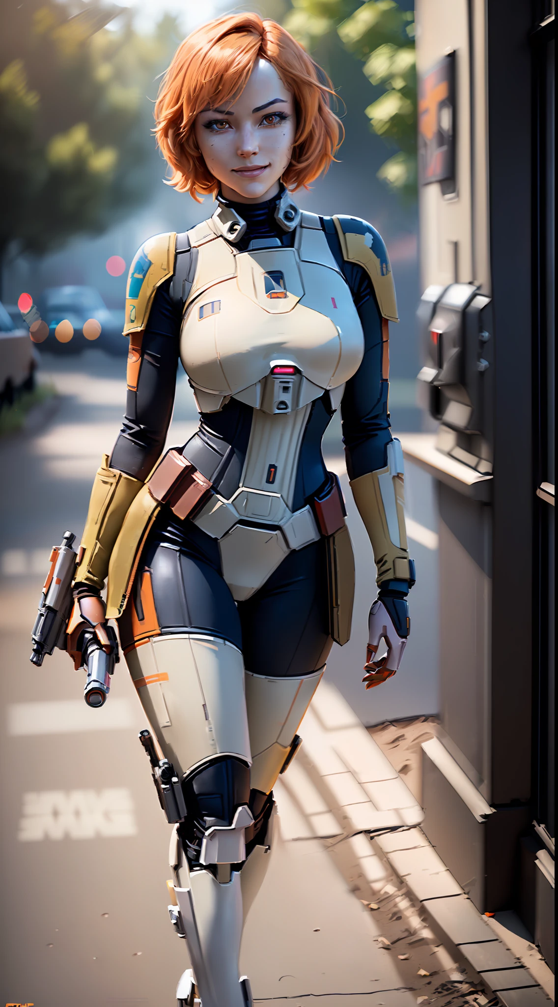 (Ultra High Definition), (maximum quality), 8k, (masterpiece), (cinemactic), (Sabine Wren - Star Wars Rebels), (identical to animation), (same as animation), (identical face), (extremely beautiful), (alone), ((full body)), (very detailed face), (very detailed eyes), (realistic eyes), (wide hips), (malicious smile), ((front view)), (natural lightting),