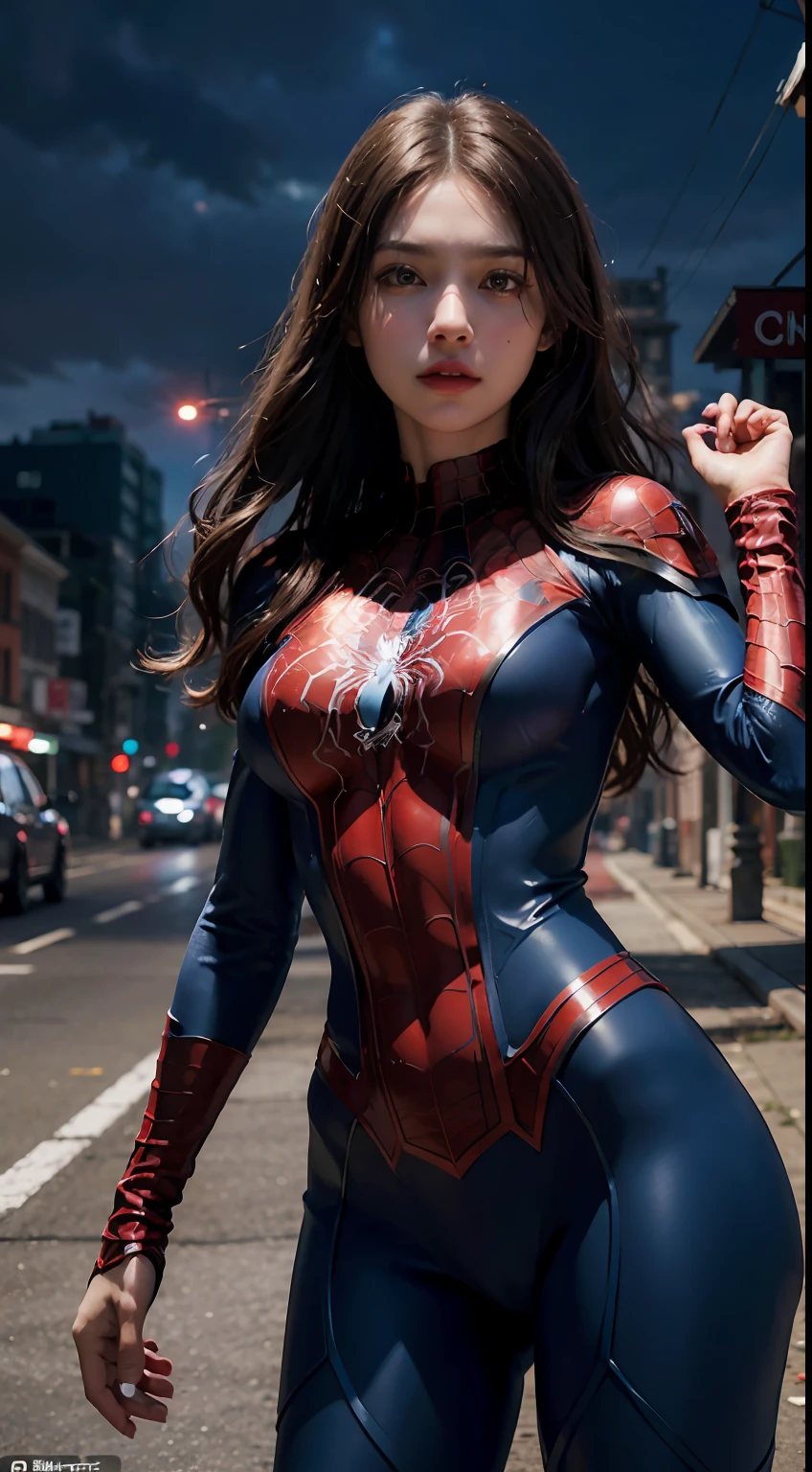 (wearing spiderwoman_cosplay_outfit:1.1), in front of a sky, (red and blue outfit:1.3),
good hand,4k, high-res, masterpiece, best quality, head:1.3,((Hasselblad photography)), finely detailed skin, sharp focus, (cinematic lighting), night, soft lighting, dynamic angle, [:(detailed face:1.2):0.2], medium breasts, outside,