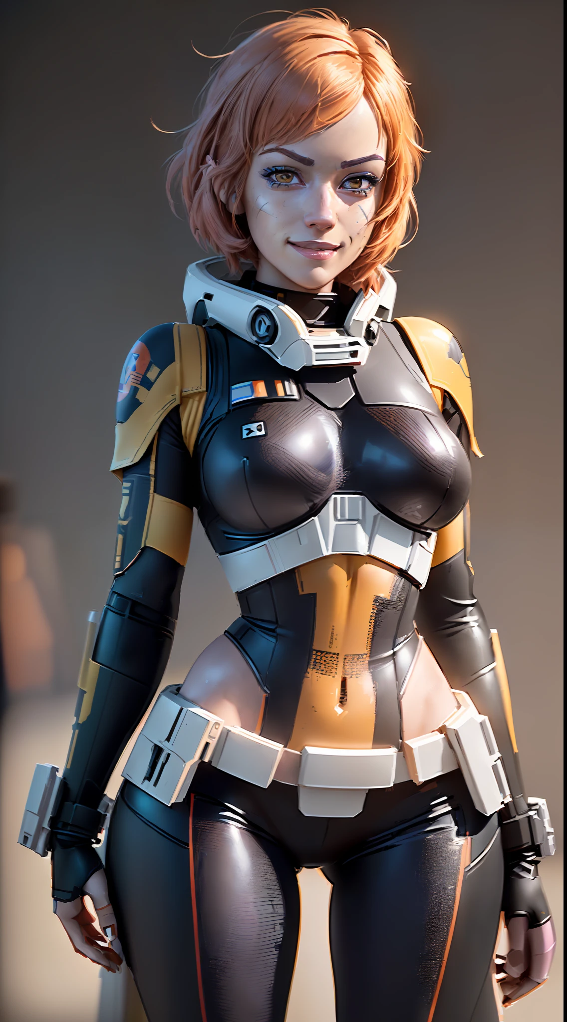 (Ultra High Definition), (maximum quality), 8k, (masterpiece), (cinemactic), (Sabine Wren - Star Wars Rebels), (identical to animation), (same as animation), (identical face), (extremely beautiful), (alone), ((full body)), (very detailed face), (very detailed eyes), (realistic eyes), (wide hips), (malicious smile), ((front view)), (natural lightting),