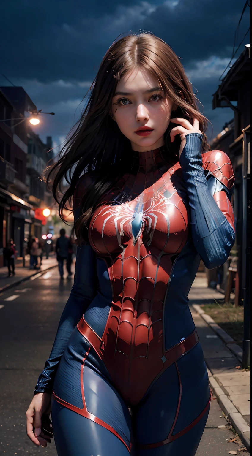 (wearing spiderwoman_cosplay_outfit:1.1), in front of a sky, (red and blue outfit:1.3),
good hand,4k, high-res, masterpiece, best quality, head:1.3,((Hasselblad photography)), finely detailed skin, sharp focus, (cinematic lighting), night, soft lighting, dynamic angle, [:(detailed face:1.2):0.2], medium breasts, outside,