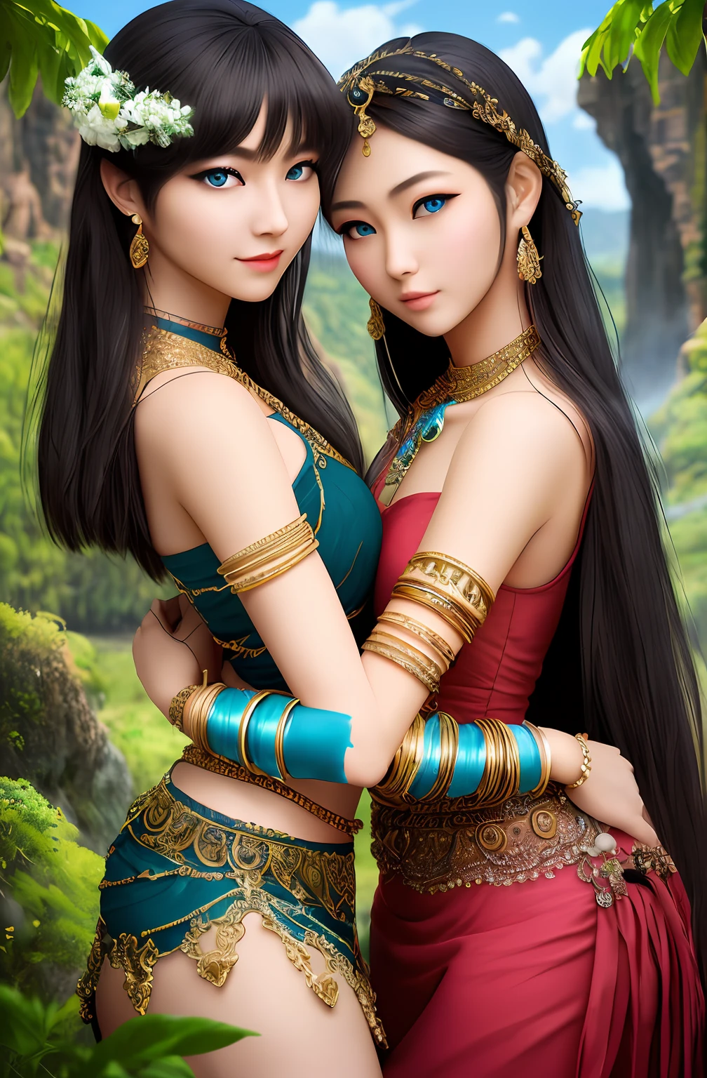 ((Realistic:1.5)),Ulzzang-6500:1.4,((Best quality)), ((Masterpiece)),((Detailed)),2girls,duo,{2 beautiful women}, (Upper body:1.3),Hug and touch each other, Tease your friend's waist, Breathless friends, Biting a friend's earlobe, crouched,super wide shot,Face focus, Long legs,Curvy, Barefoot,Wide hips, Thin legs, Oversized eyes,Long eyelashes, (Detailed face,beautidful eyes, detailedpupils,detailed clothes features, Clear background:1.3), (armlets, bangle:1.3), Mysterious ancient ruins, floresta exuberante, Deep canyon,bridge,River,cliff,Cloud,lakes,Rock music,Waterfalls, Flowers, Grass,grape trees,tree,bright detail,Sharp,Perfect compounding, Intricate, Sharp focus, Dramatic,