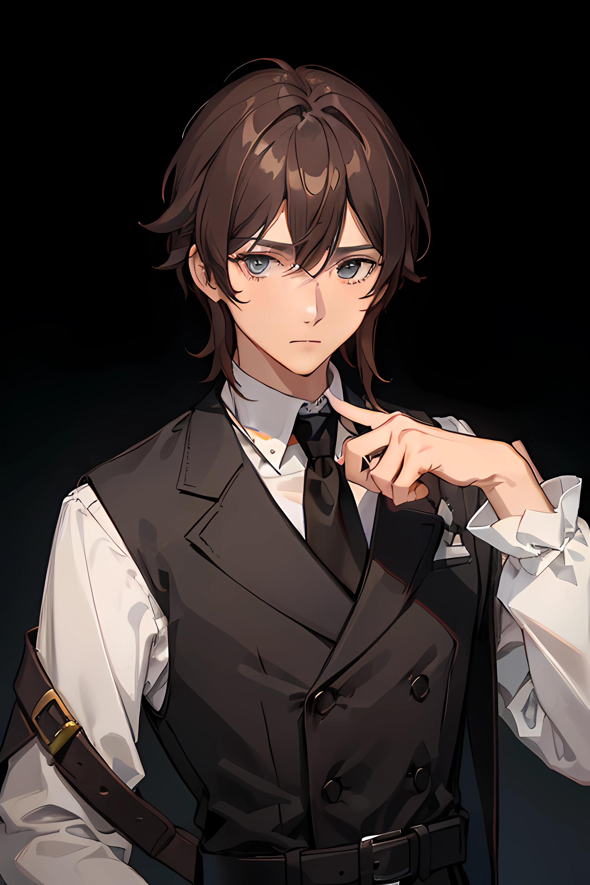 A man with tied up brown hair, wearing a black and white knights outfit. Has grey eyes.