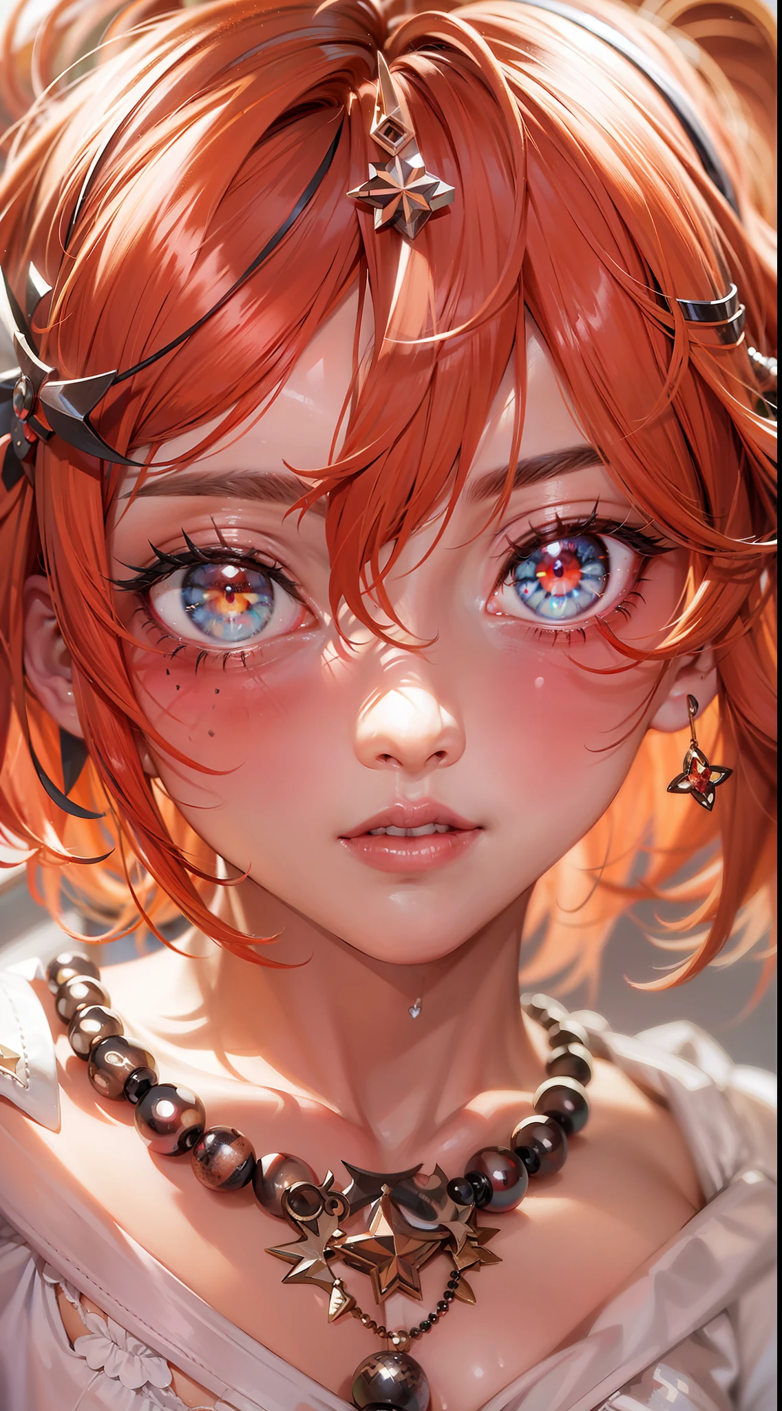 Red hair, ahoge, Curly hair, hair on one eye, bead necklace, black hair band, Moles under eyes, Heart-shaped pupils, Blush, disdain, Anime, Social realism, Cinematic lighting, Sparkle, hyper HD, Masterpiece, ccurate, Anatomically correct, Textured skin, Super detail, High details, High quality, Best quality, A high resolution, 8K