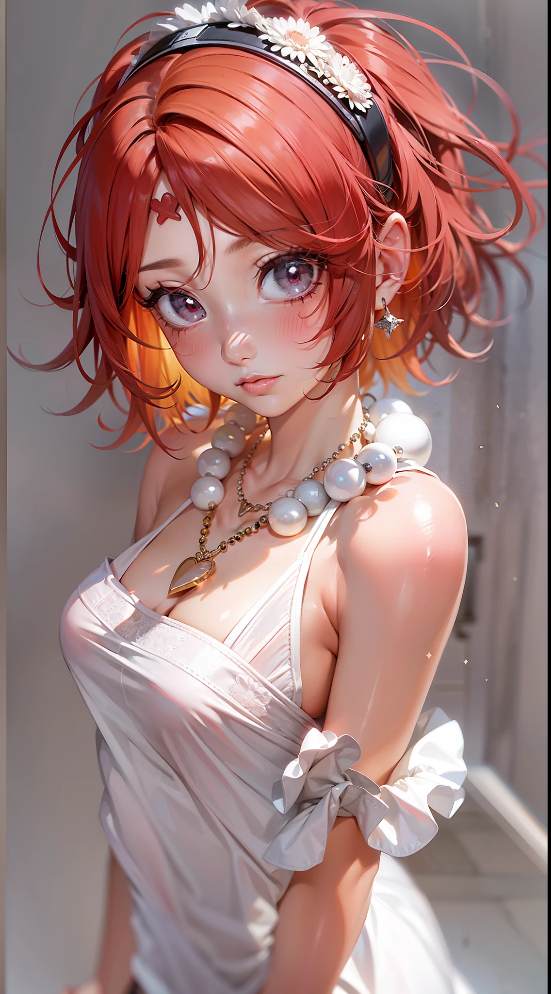 Red hair, ahoge, Curly hair, hair on one eye, bead necklace, black hair band, Moles under eyes, Heart-shaped pupils, Blush, disdain, Anime, Social realism, Cinematic lighting, Sparkle, hyper HD, Masterpiece, ccurate, Anatomically correct, Textured skin, Super detail, High details, High quality, Best quality, A high resolution, 8K