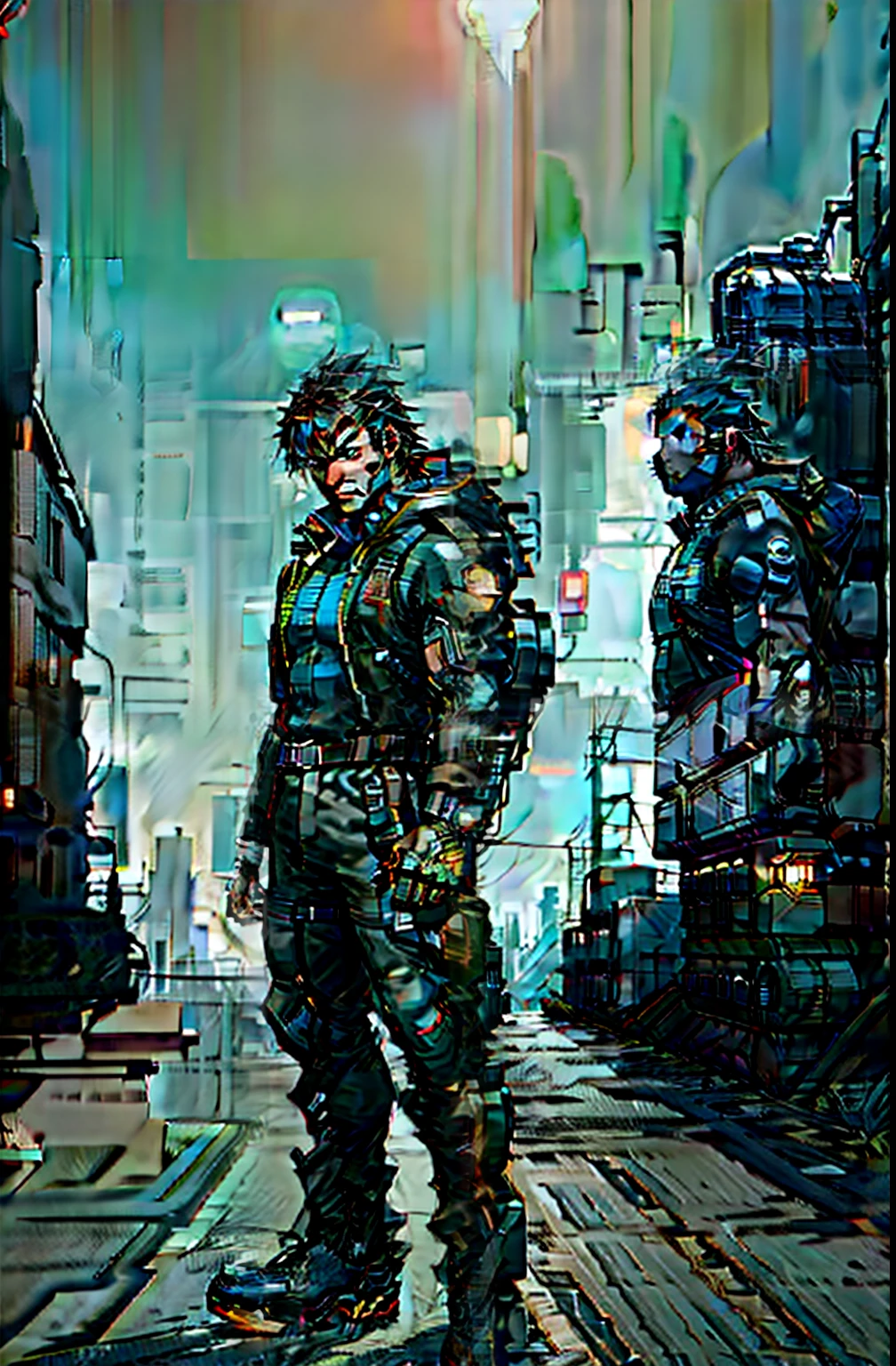 Anime style illustration of man in night city, hero pose colorful city lighting, cyber universe style, in a futuristic city, at cyberpunk city, beaten tech. neo noir style, in a futuristic cyberpunk city, cyberpunk hero, at cyberpunk city, in front of a sci fi cityscape, cyber punk style, In a cyberpunk city, Anime cyberpunk moderno, Cyberpunk dude