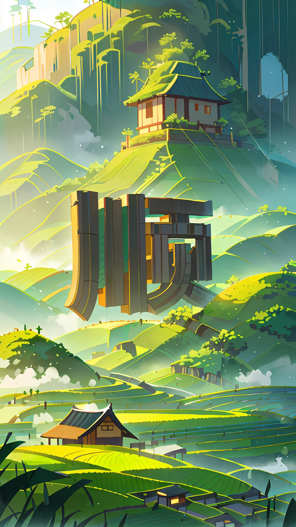 Large expanses of terraced fields, mountains, huts, with rice fields, rice fields, neat rice seedlings in the fields, misty rain, villages, agriculture, in the tranquil landscape, misty weather, in the vast tranquil landscape, in the early morning, in the morning mist, behind a small village, mist, Japanese countryside, thatched roofs --v 6