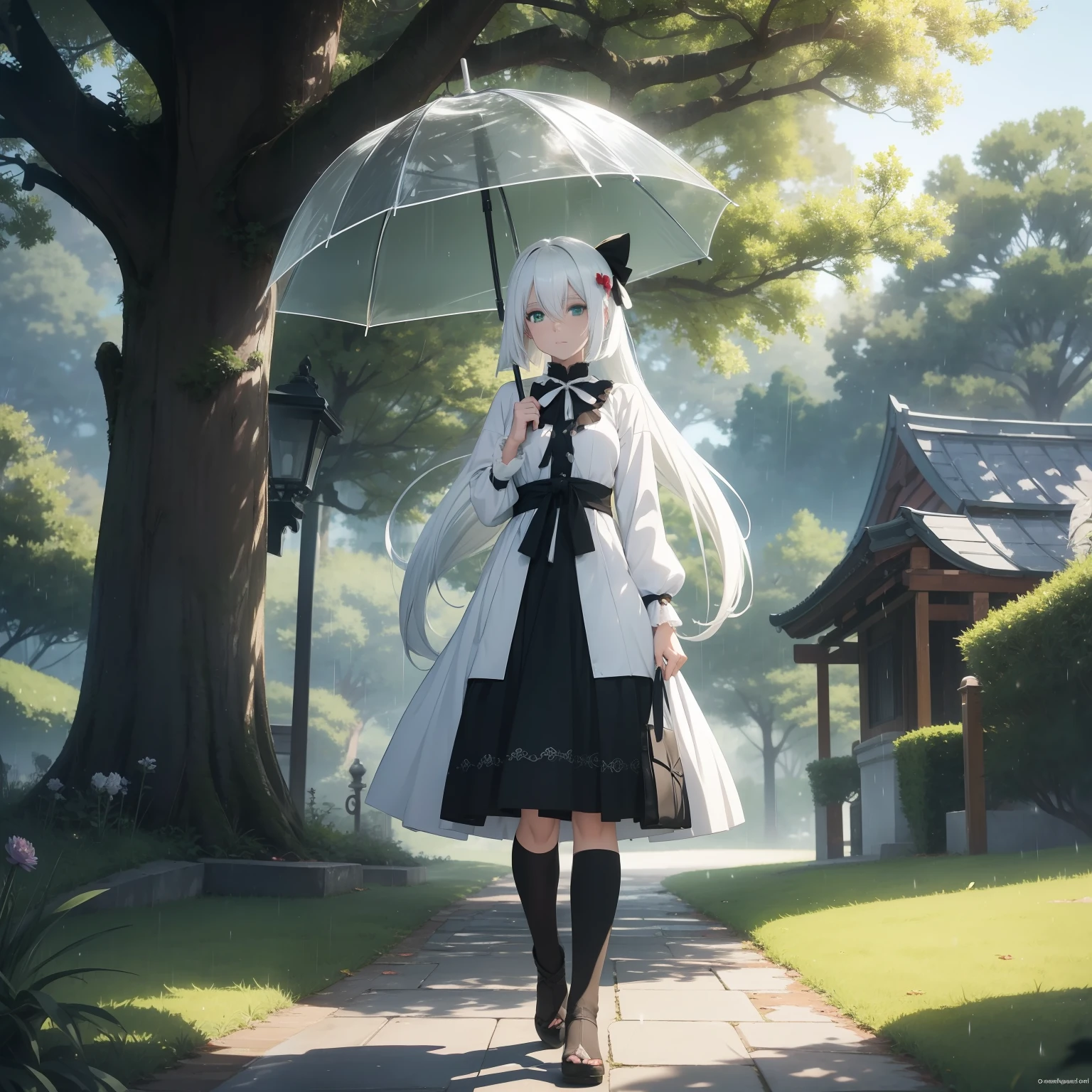 anime girl with white hair and black umbrella standing in front of a tree, white haired deity, ethereal anime, anime picture, beautiful anime style, from touhou, beautiful anime, nightcore, anime beautiful peace scene, girl with white hair, perfect white haired girl, white haired, beautiful fantasy anime, anime wallaper, hd anime wallaper, white haired lady,small breasts,in the rain,green eyes