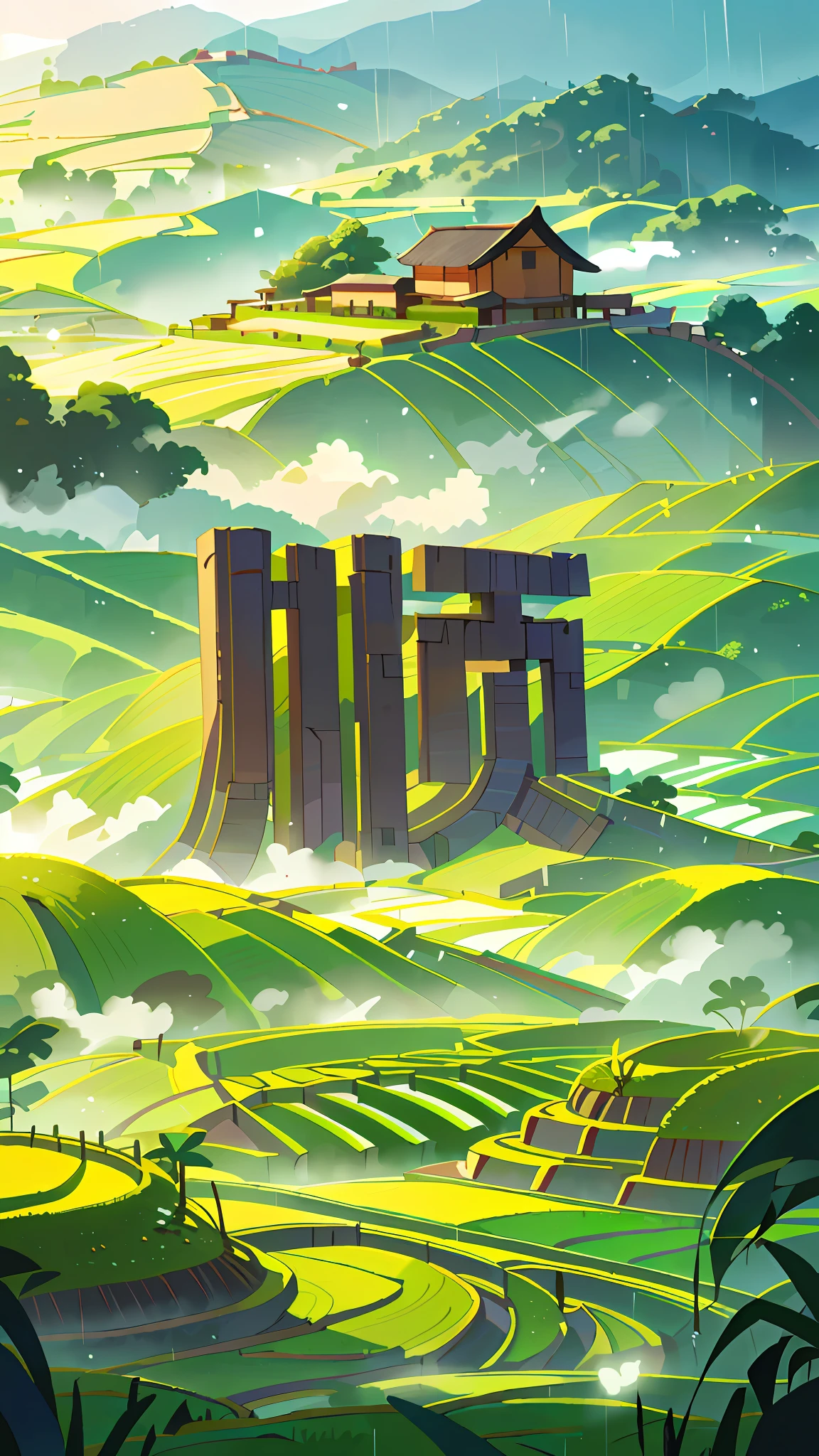 Large expanses of terraced fields, mountains, huts, with rice fields, rice fields, neat rice seedlings in the fields, misty rain, villages, agriculture, in the tranquil landscape, misty weather, in the vast tranquil landscape, in the early morning, in the morning mist, behind a small village, mist, Japanese countryside, thatched roofs --v 6