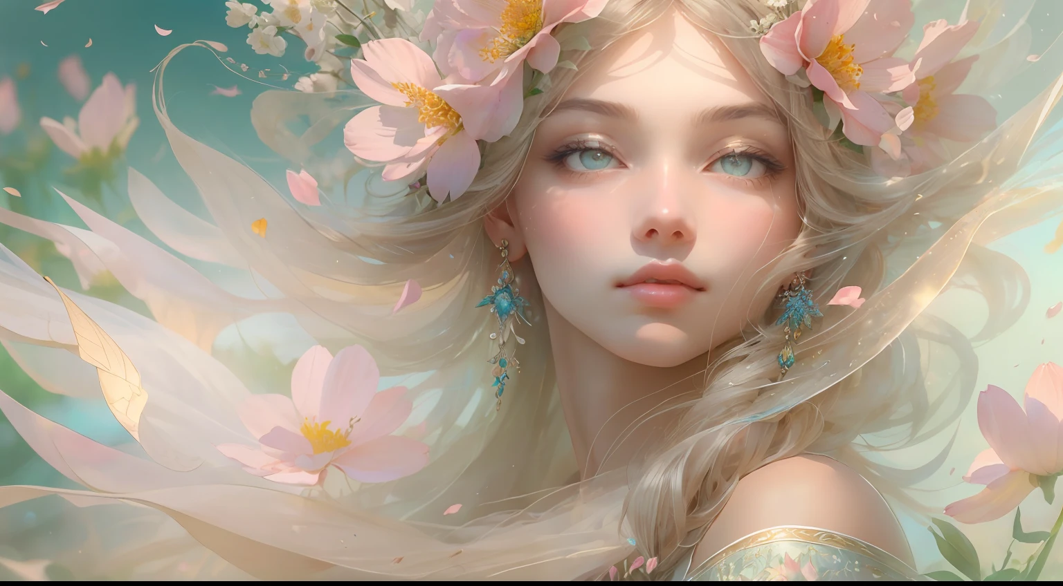 This artwork is dreamy and ethereal, with soft pink watercolor hues. Generate a delicate and demure flower maiden with soft, realistic hair dancing in the breeze. Her sweet, realistic face is extremely detailed and has puffy, big lips and stunning, highly realistic eyes. Her eyes are important and should be realistic, highly detailed, and beautiful. The flower maiden is wearing delicate and elegant fabric of silk and satin. She is surrounded by beautiful flowers of varying sizes and colors and flower petals dancing in the wind around her. The background is detailed, wild, and unruly, with wildflowers and wind and pollen creating a dynamic and compelling image. She wears an ornately flowered headdress that enhances her soft beauty. Include a soft watercolor sky. Include fantasy details, enhanced details, iridescence, colorful glittering wind, and pollen. Pay special attention to her face and make sure it is beautifully and realistically detailed. The image should be dreamy and ethereal.8k, intricate, elegant, highly detailed, majestic, digital photography, art by artgerm and ruan jia and greg rutkowski, (masterpiece, finely detailed beautiful eyes: 1.2), hdr, realistic skin texture, ((fantasy00d:1)), rays of light, ornate flowers, dew drops, sunlight, hazy rays of sun, flowergateway style, castle, palace, archway, flowers, growing