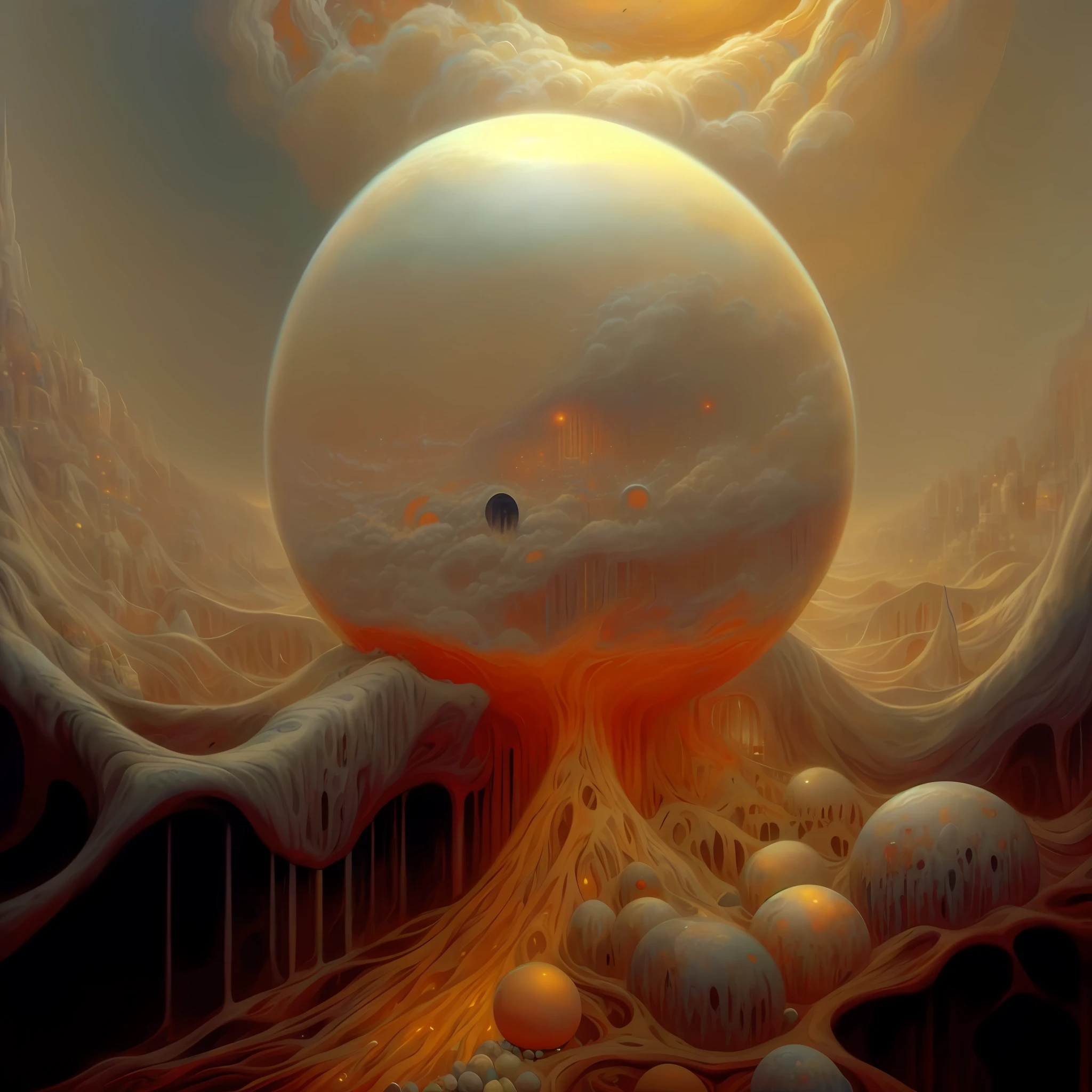 Painting a surreal painting of a huge white ball surrounded by the blue waves of the sea, Inspired by Tomasz Alen Kopera, greg beeple, detailed sci-fi art, author:Thomas Allen Kopera, Beeple e Tim Hildebrandt, dan mcpharlin : : opulent, Alex Gray and Beksiński