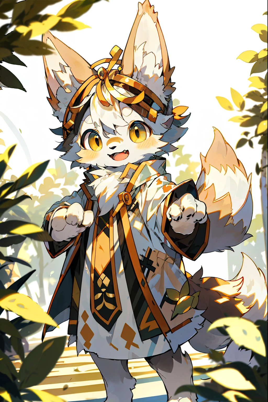 depth of fields，lighting perfect，light particules，（best qualtiy），（tmasterpiece），（ultra - detailed），Sharp focus，light particules，niji，Eyes，gold_Eyes，Looking_at_peeping at the viewer，Smile，Solo，Furry，Animal_Ear_vellus hair，Open_clothes，in a sunbeam，outside，Look ahead，White hair，Brown skin，Barefoot，Huskies，Dogs，Sunny and cheerful，White ears